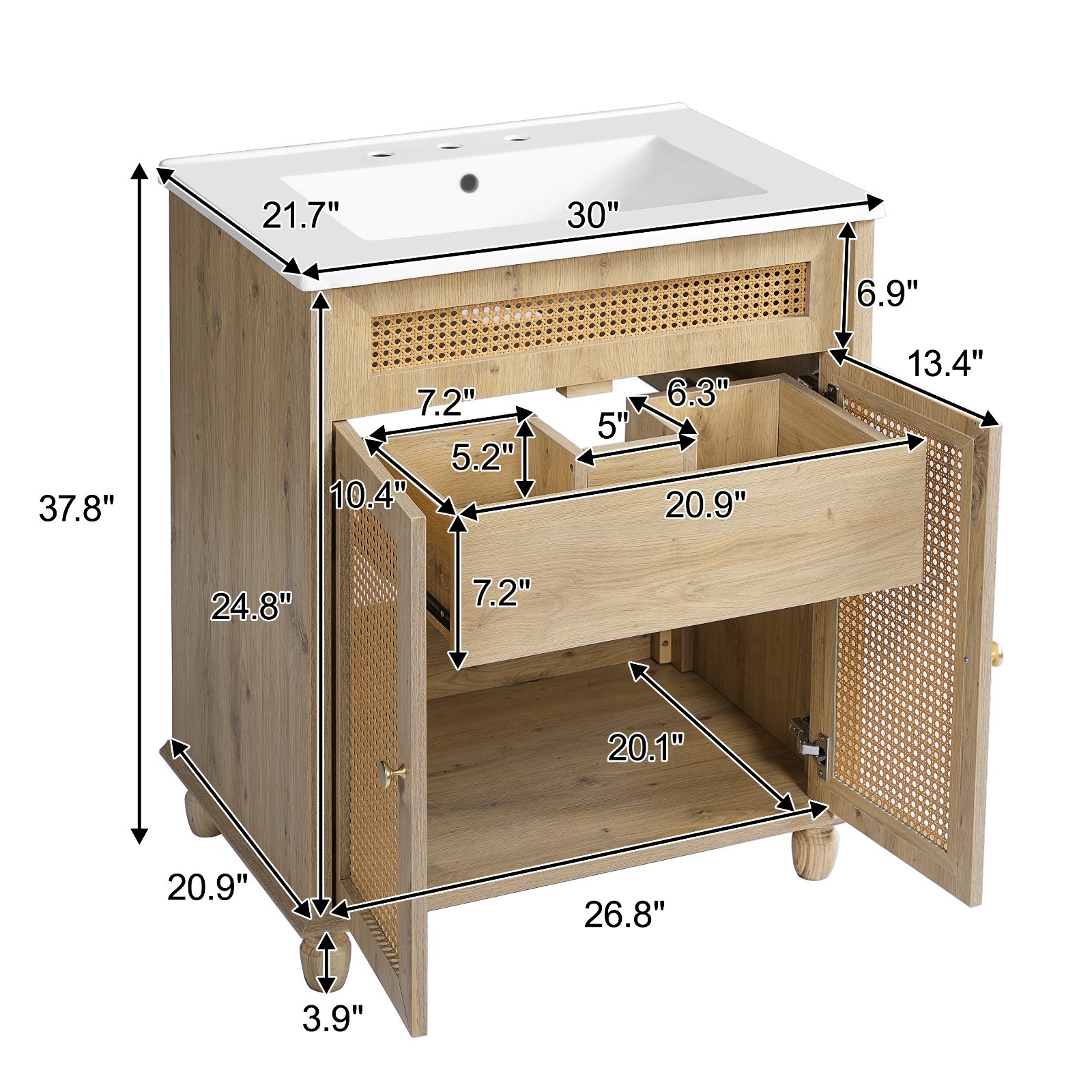 30 In Bathroom Vanity Handwoven Rattan Doors Solid Wood Legs Resin Sink Cabinet