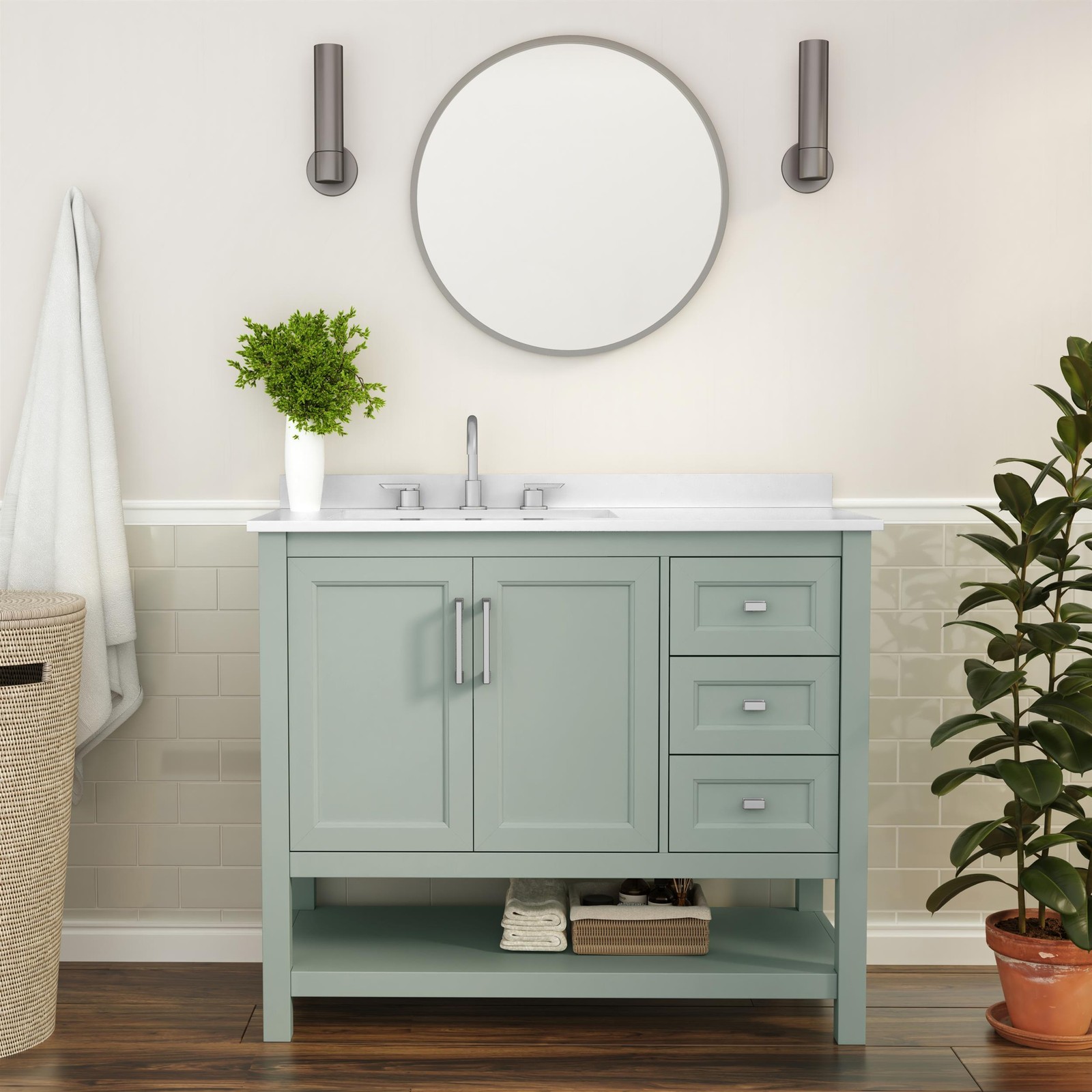 42 Inch Bathroom Vanity with Sink Open Storage and Storage Drawers in Sage