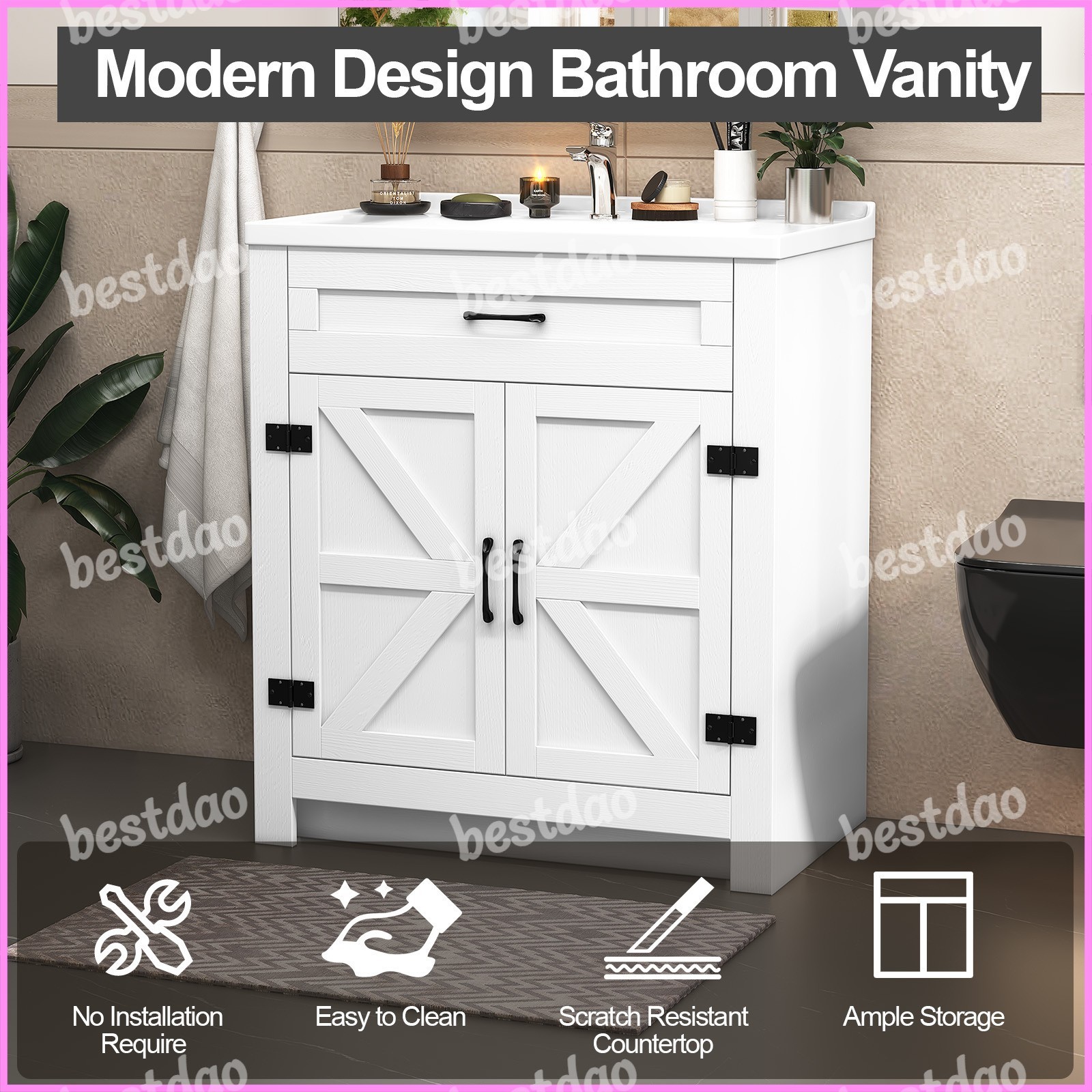 White 31″ Modern Bathroom Vanity w/ Ceramic Sink Storage Cabinet w/ 2 Doors