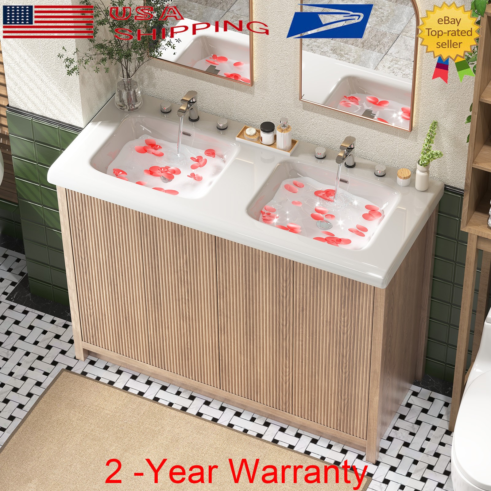 47.3″ Bathroom Vanity Set Double Sink Ceramic Freestanding Cabinet Wood Grain