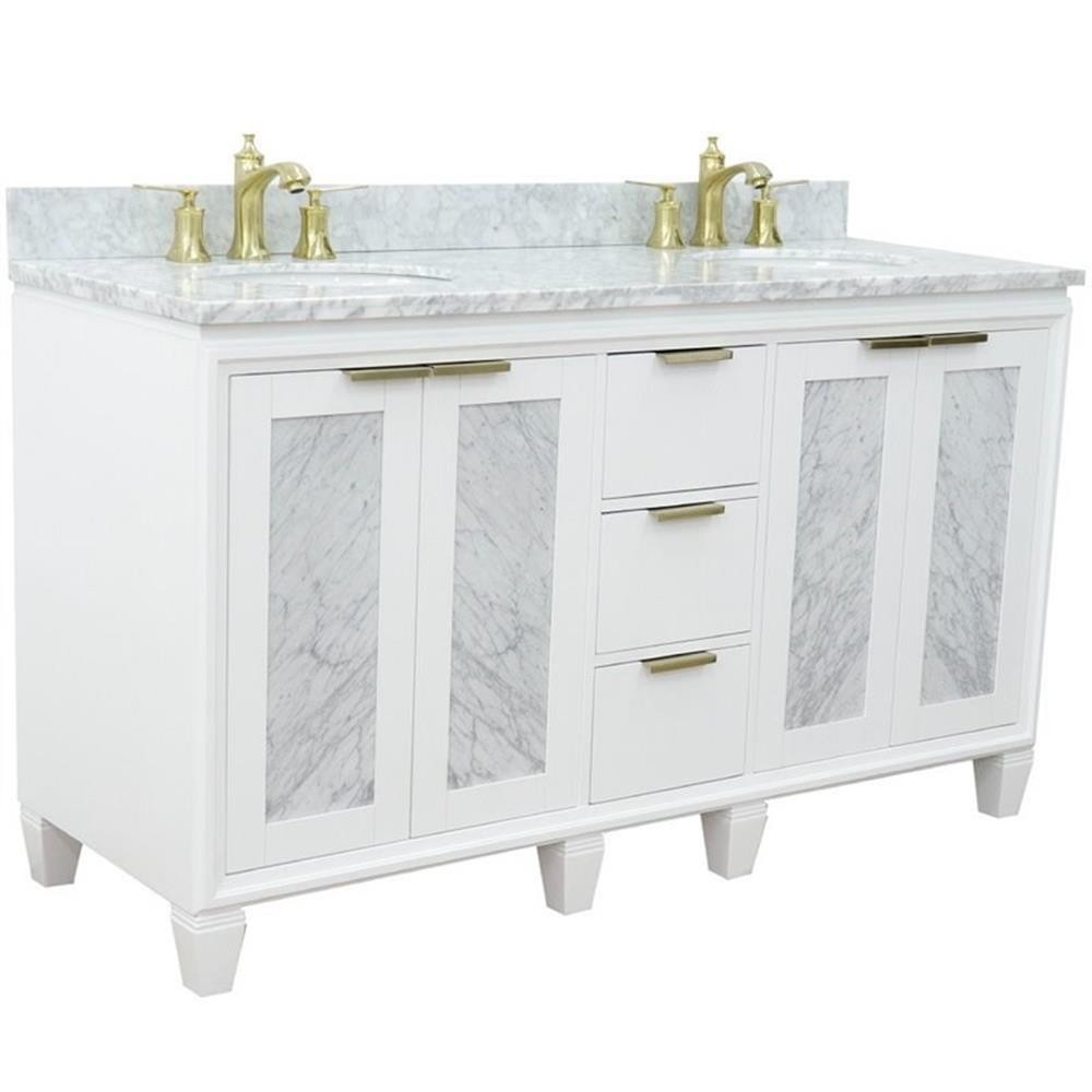 Trento 61″ Double Oval Sink Solid Wood Vanity in White/White Carrara