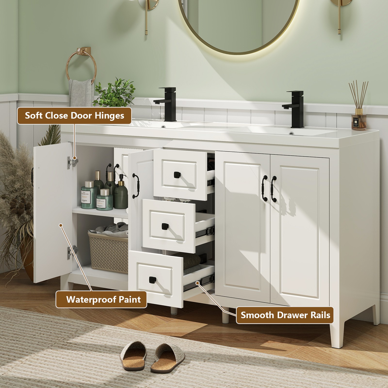 60″ Bathroom Vanity with Sink Soft-Close 4 Doors 3 Drawers Faucet Freestanding