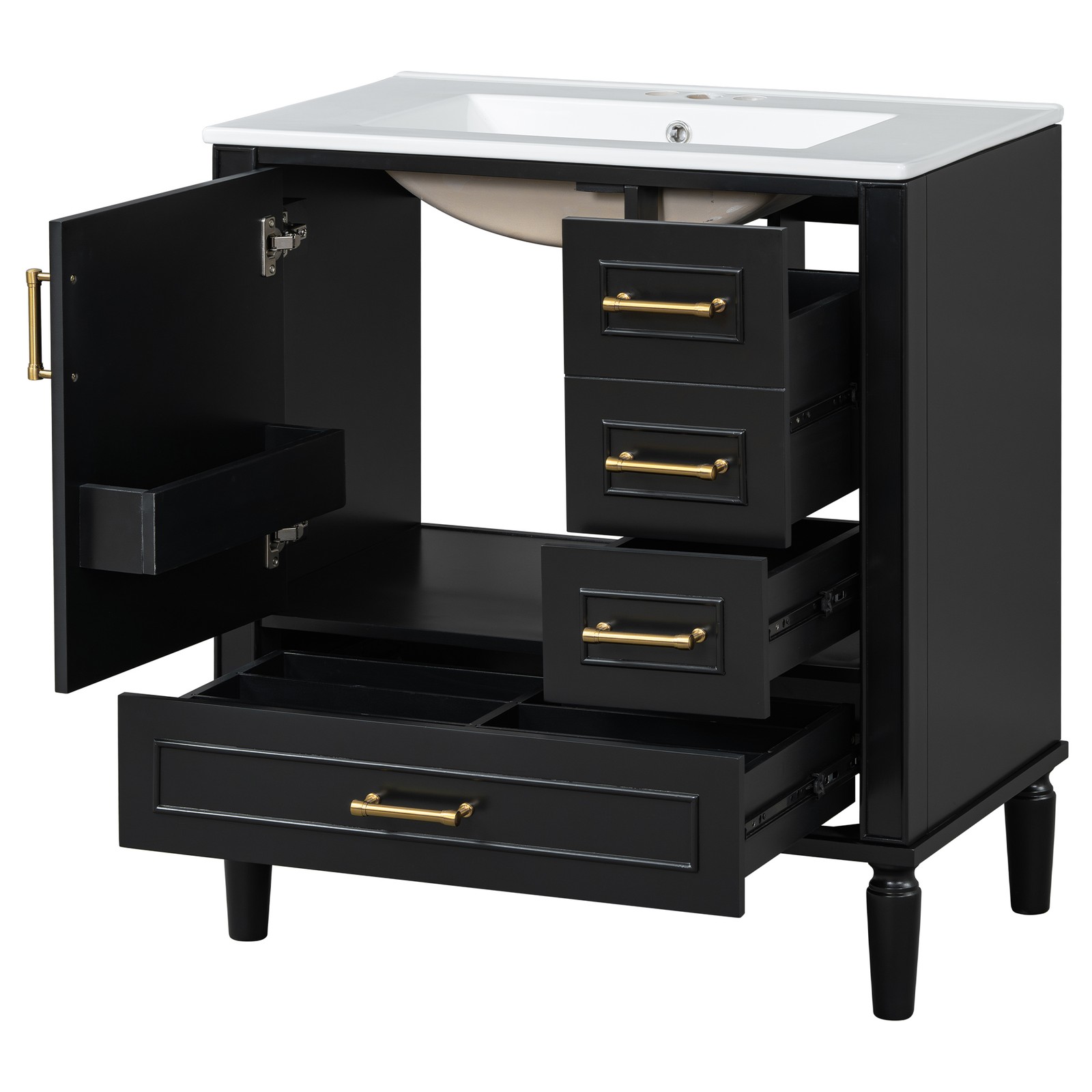 30″ Black Bathroom Vanity Set with 3 Drawers & Gold Handles