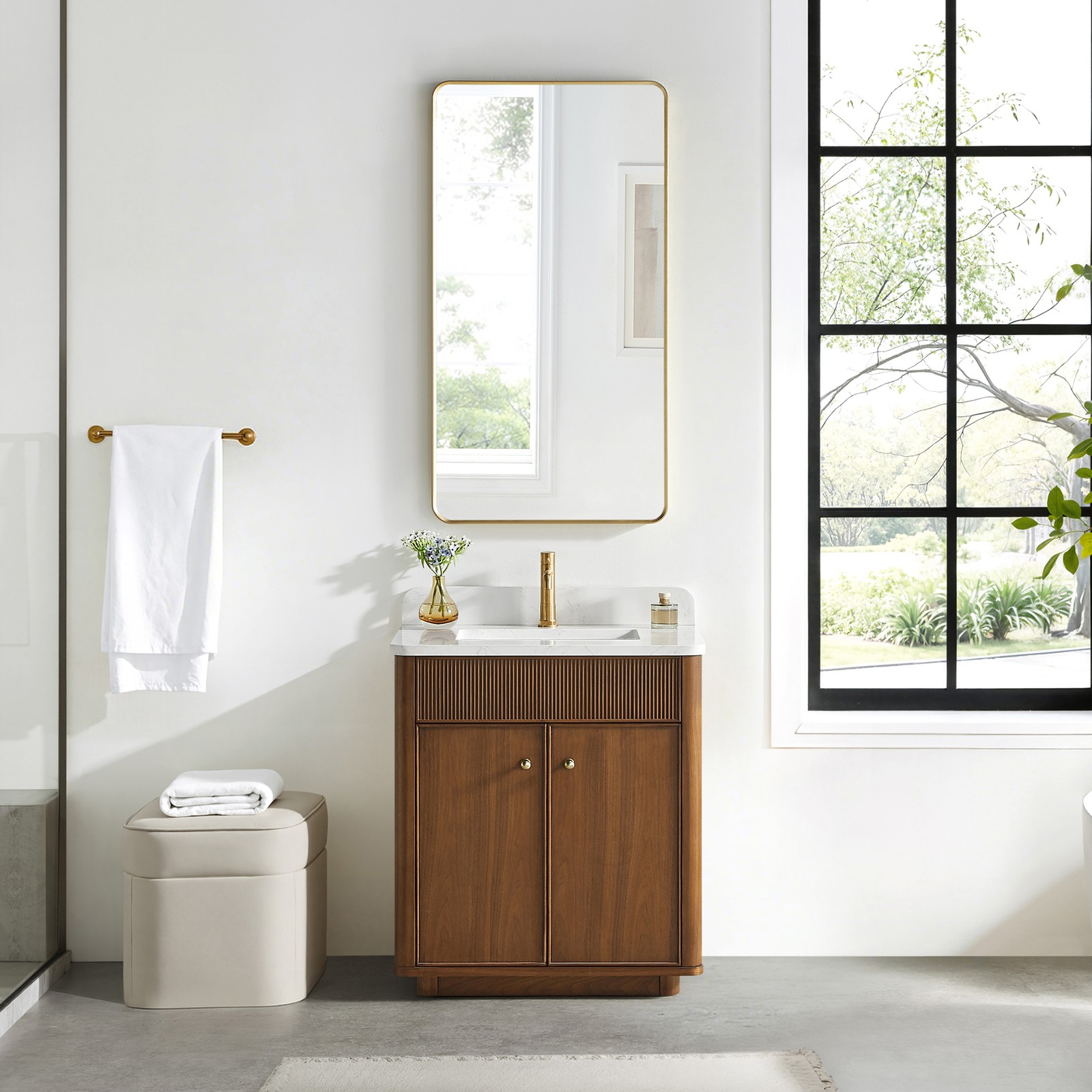 Zogno 30″ Single Sink Bath Vanity in Natural Walnut with White Grain Stone Top