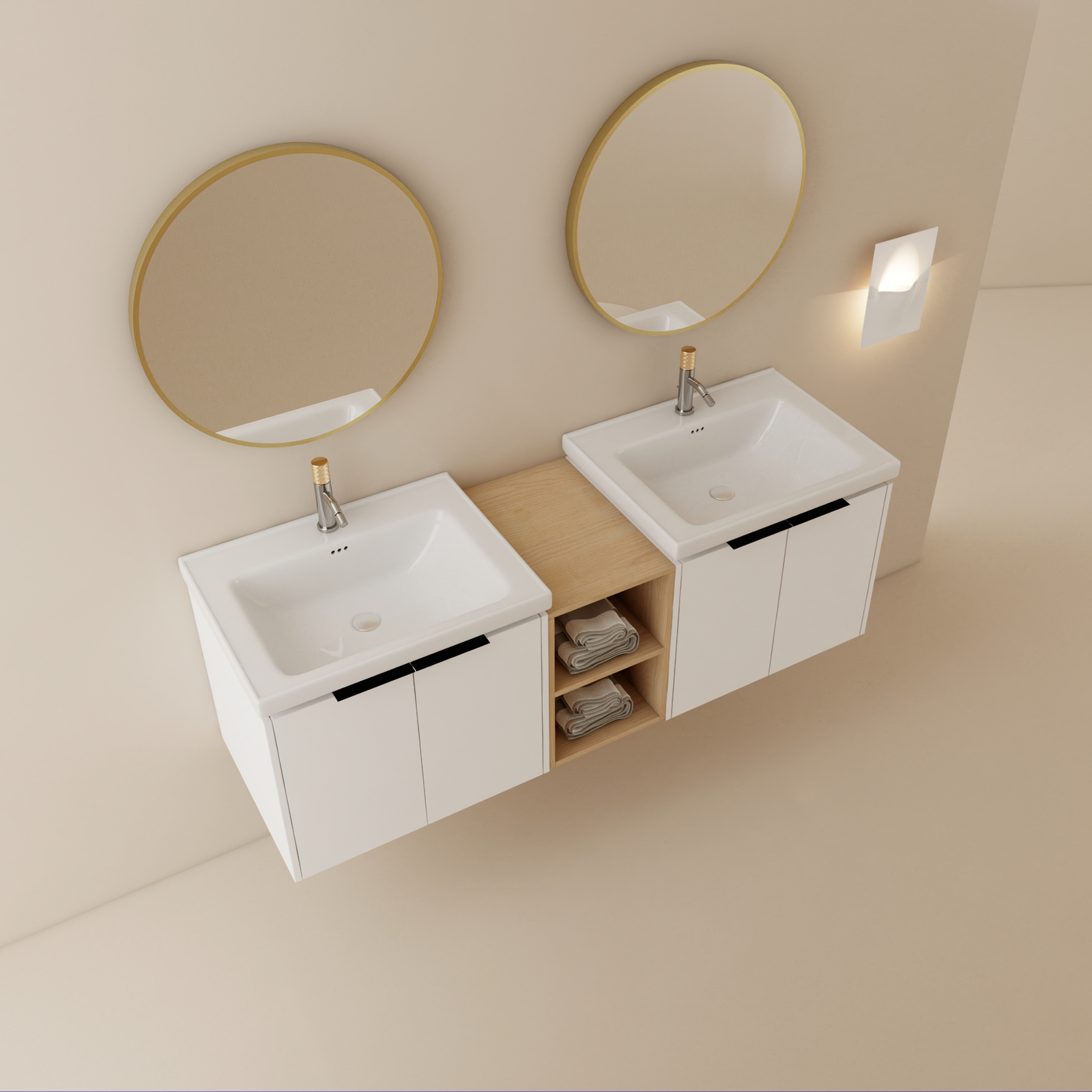 60″ Bathroom Vanity Double Ceramic Basin Wall Mounted Cabinet W/ Storage Shelves
