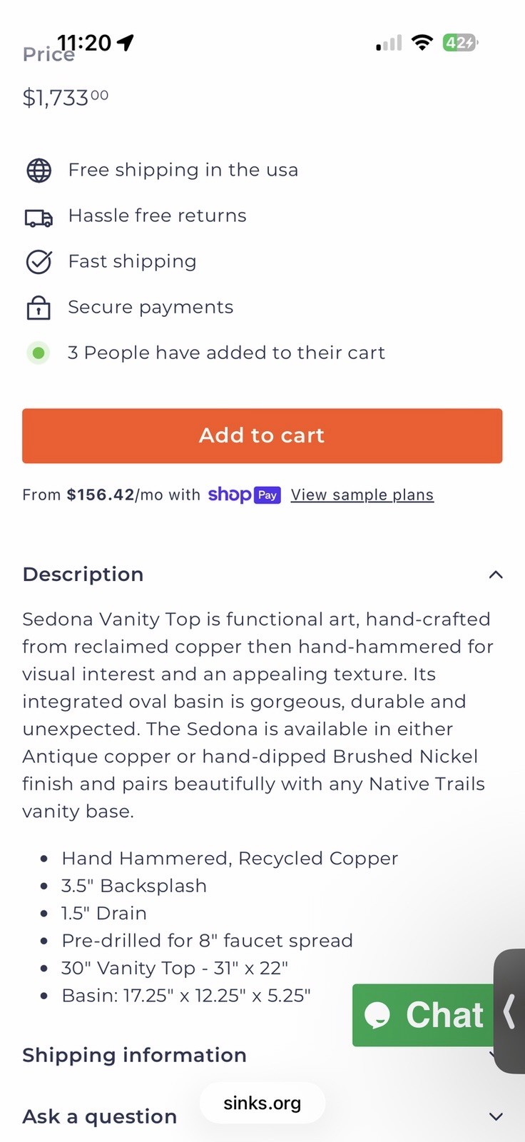 Native Trails Sedona Reclaimed Antique Copper 30-inch Vanity Top With Sink- NEW
