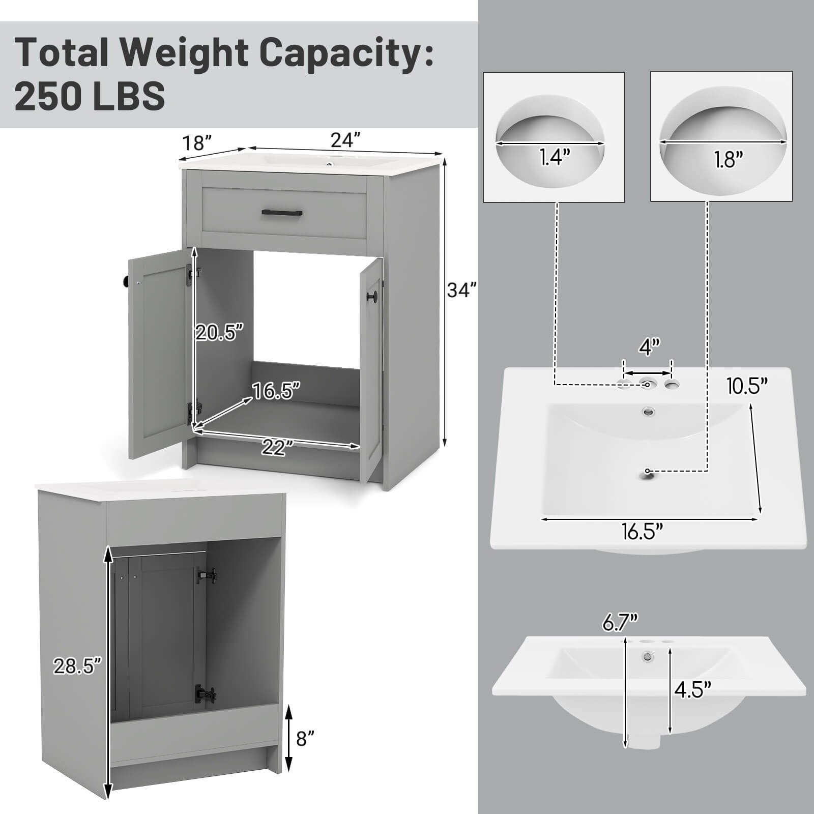 Bathroom Vanity Unit w/ Basin Under Sink Bathroom Storage Cabinet Freestanding