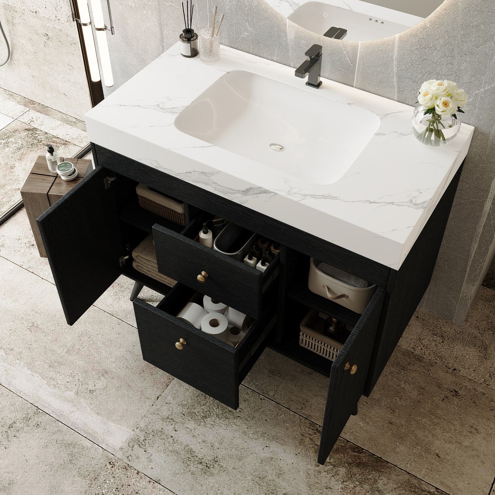 36 Inch Modern Freestanding Bathroom Vanity with Sintered Stone Top