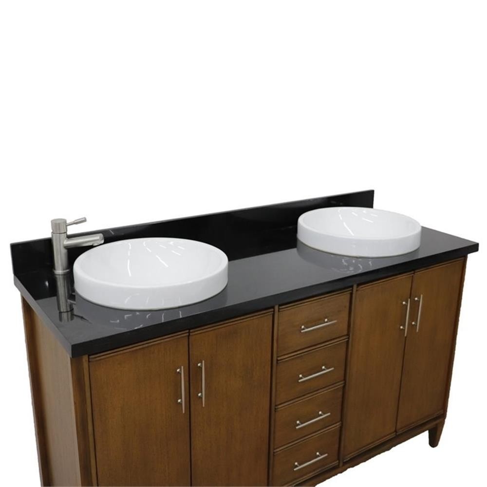 Pemberly Row 61″ Double Round Sink Vanity with Black Granite Stone in Walnut