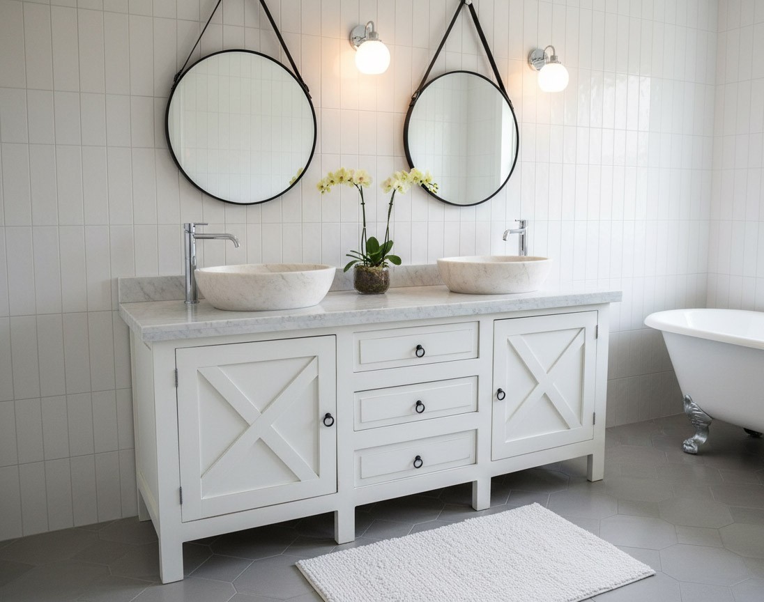 Farm House Rustic Bathroom Double Sink Vanity White washed