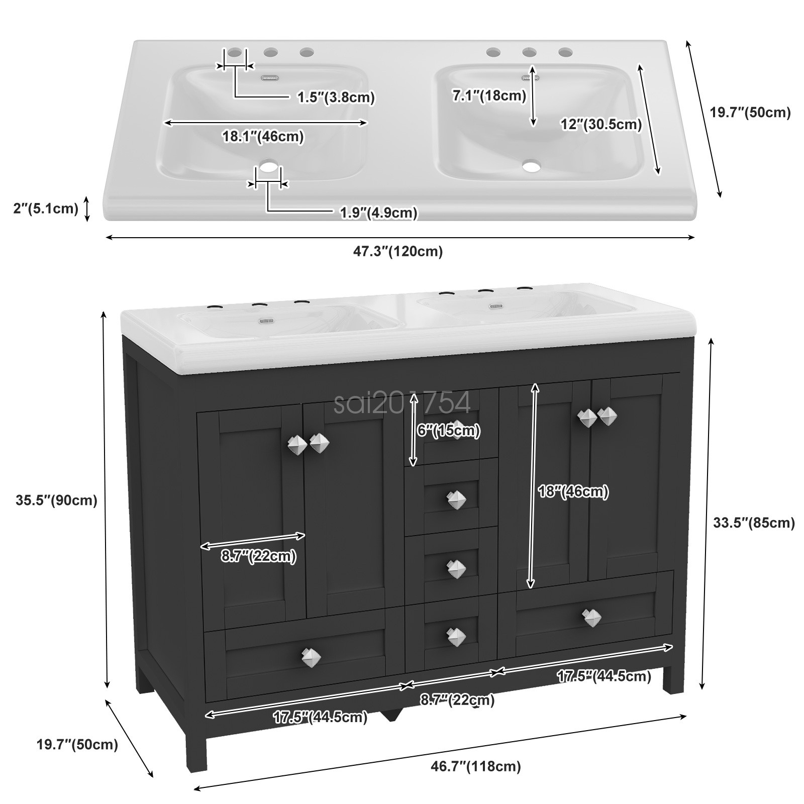 47.3″ Bathroom Vanity Freestanding Ceramic Sink Cabinet Bathroom Sink Set Black
