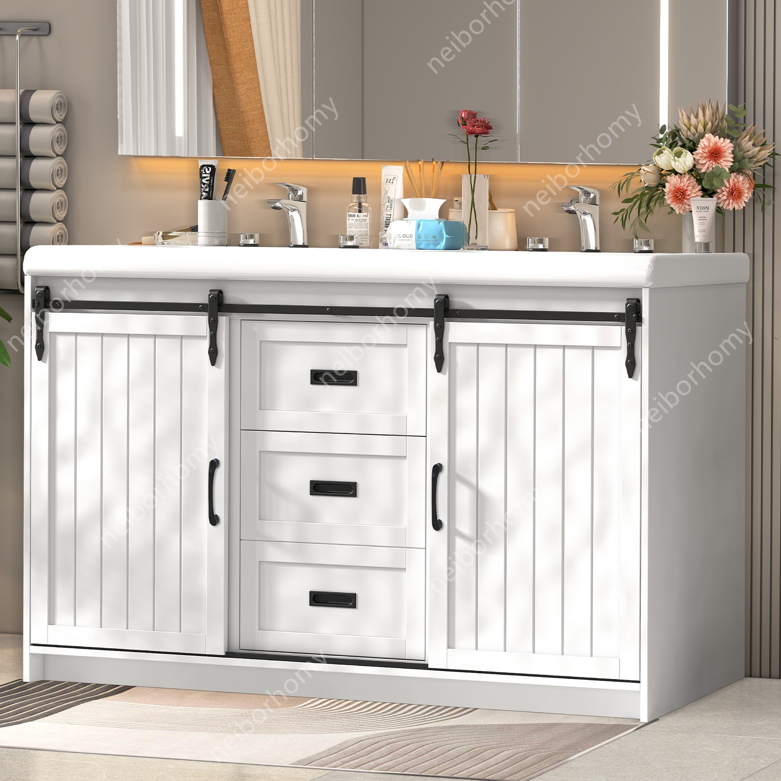 47″ Bathroom Vanity Cabinet Freestanding Storage Compartment And 2 Ceramic Sink