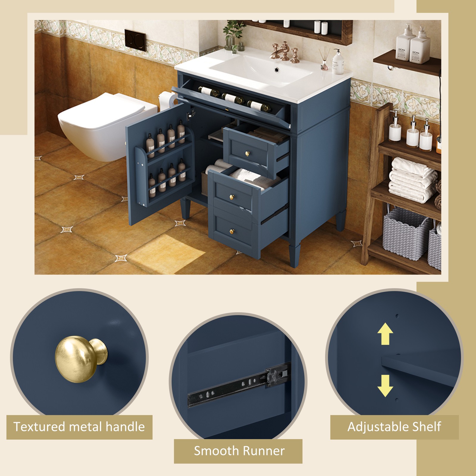 30″ Bathroom Vanity with Sink, 2 Drawers & Tip-Out Drawer, Blue