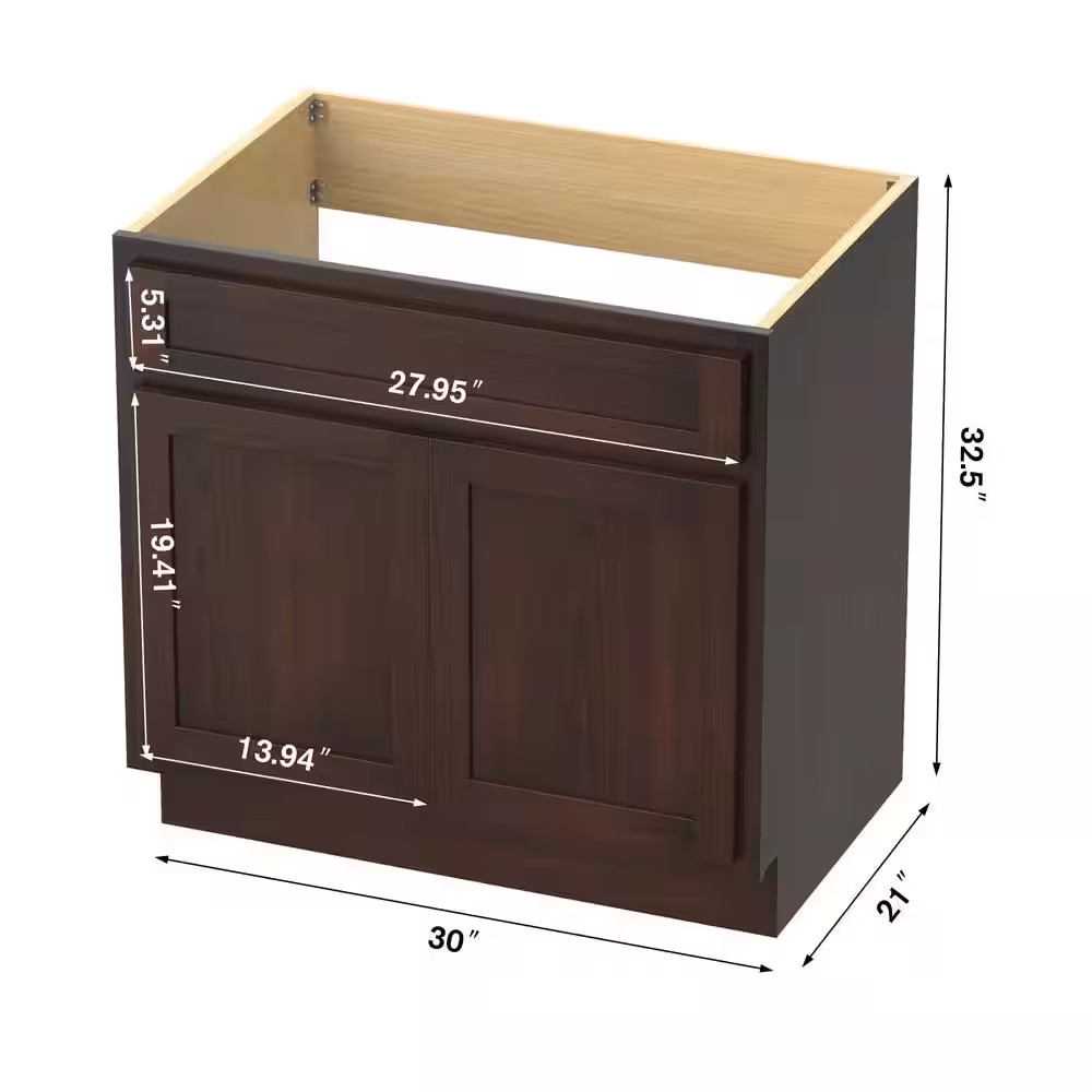 30 In. W X 21 In. D X 32.5 In. H 2-Doors Bath Vanity Cabinet Only in Brown (Unas