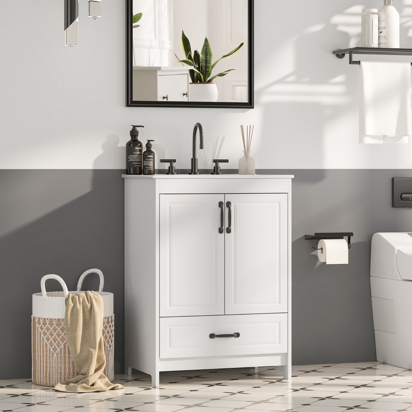 24″ Bathroom Vanity with Ceramic Sink Freestanding Storage Cabinet w/Drawer
