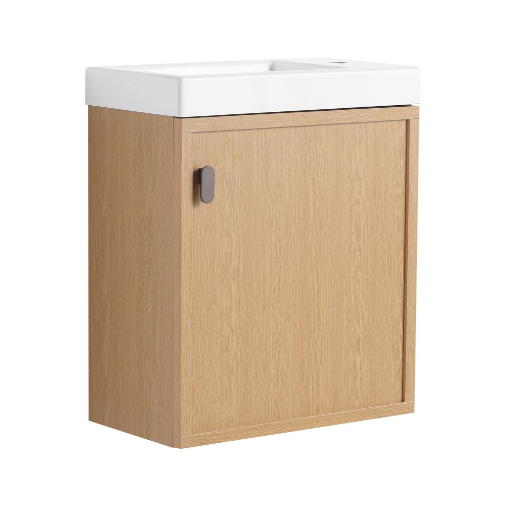 18.5-inch wall-mounted bathroom vanity overhangs to save space