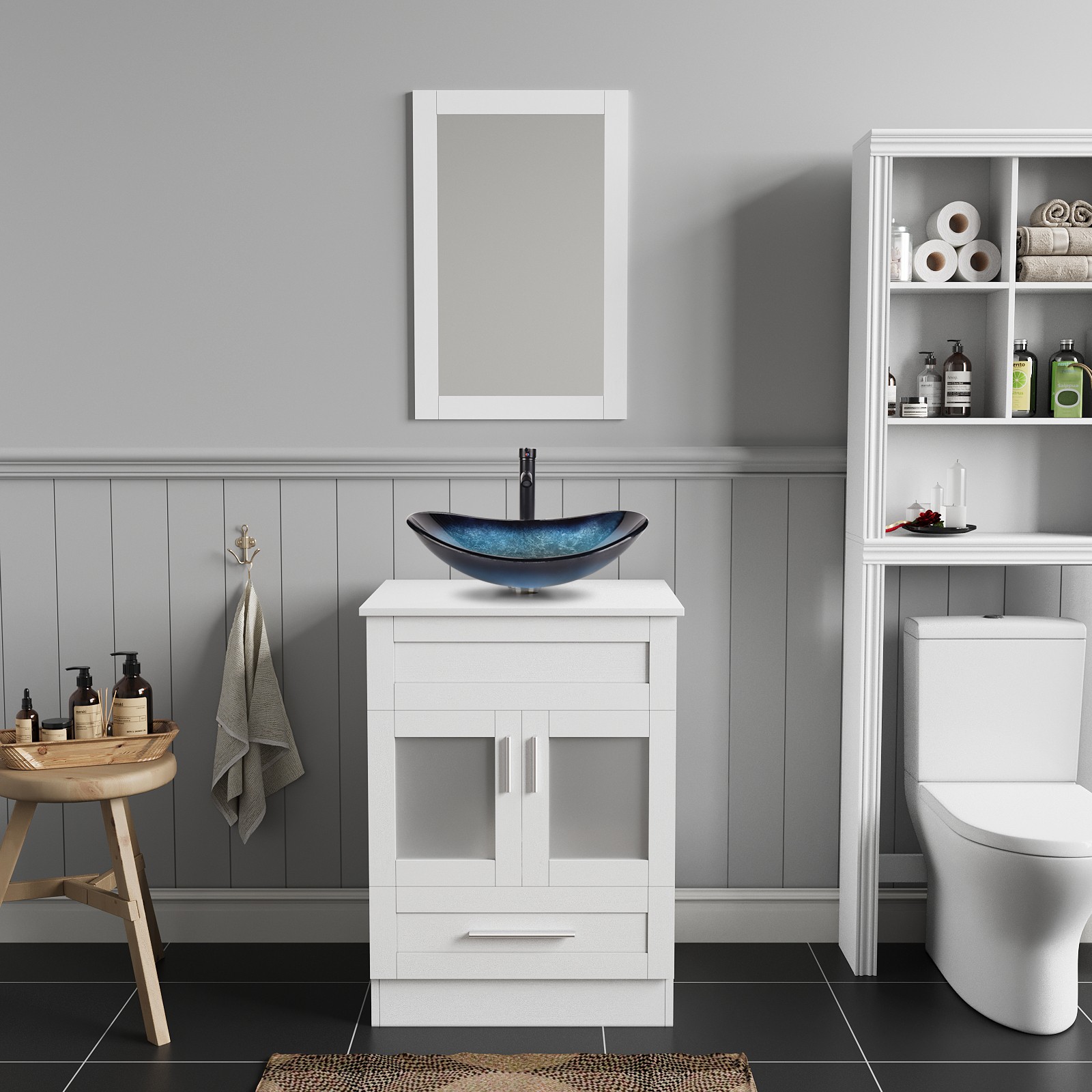 24″ Bathroom Vanity, Blue Glass Vessel Sink with Storage Drawer & Big Mirror