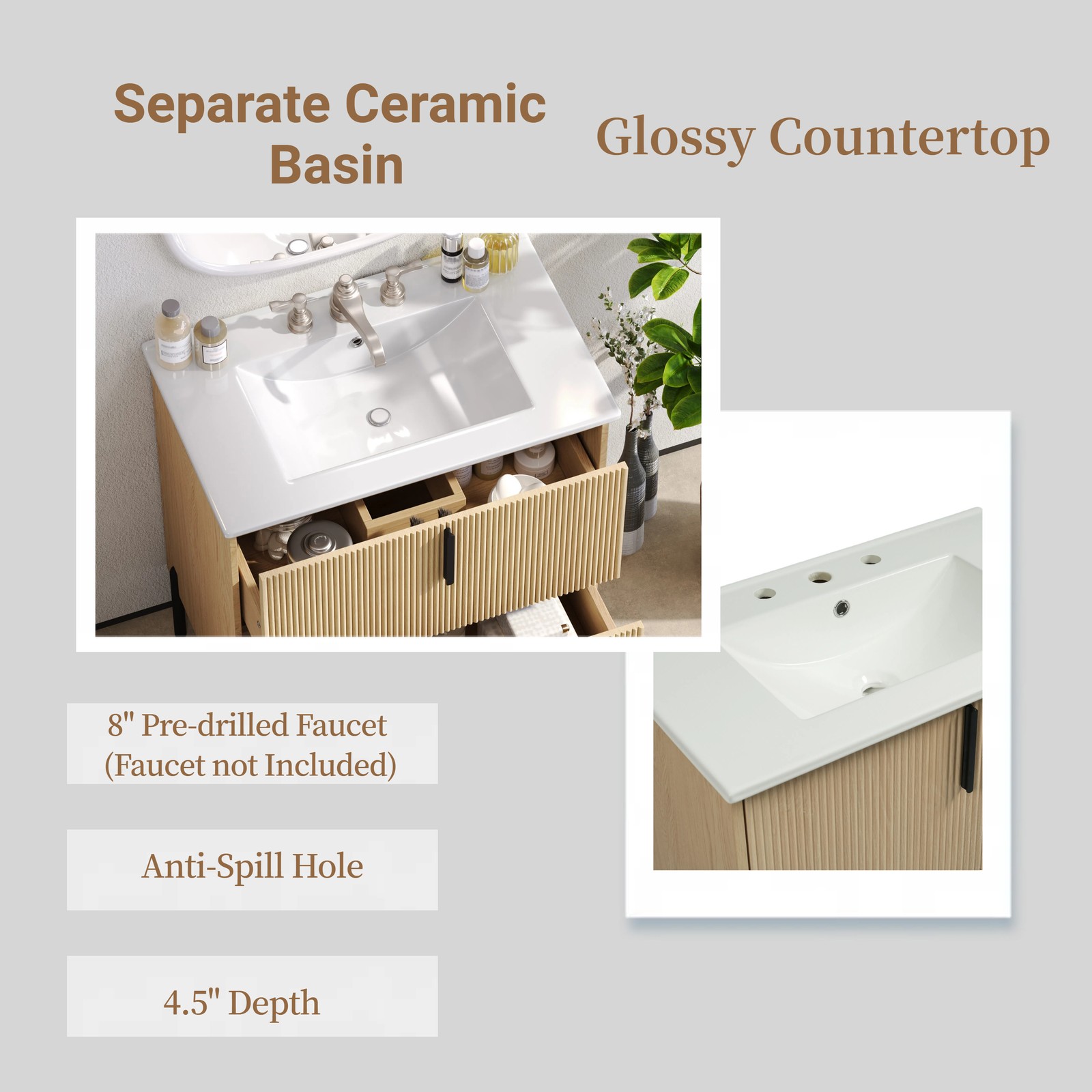 30″ Bathroom Vanity with Ceramic Sink, Soft Close Drawers, Fluted