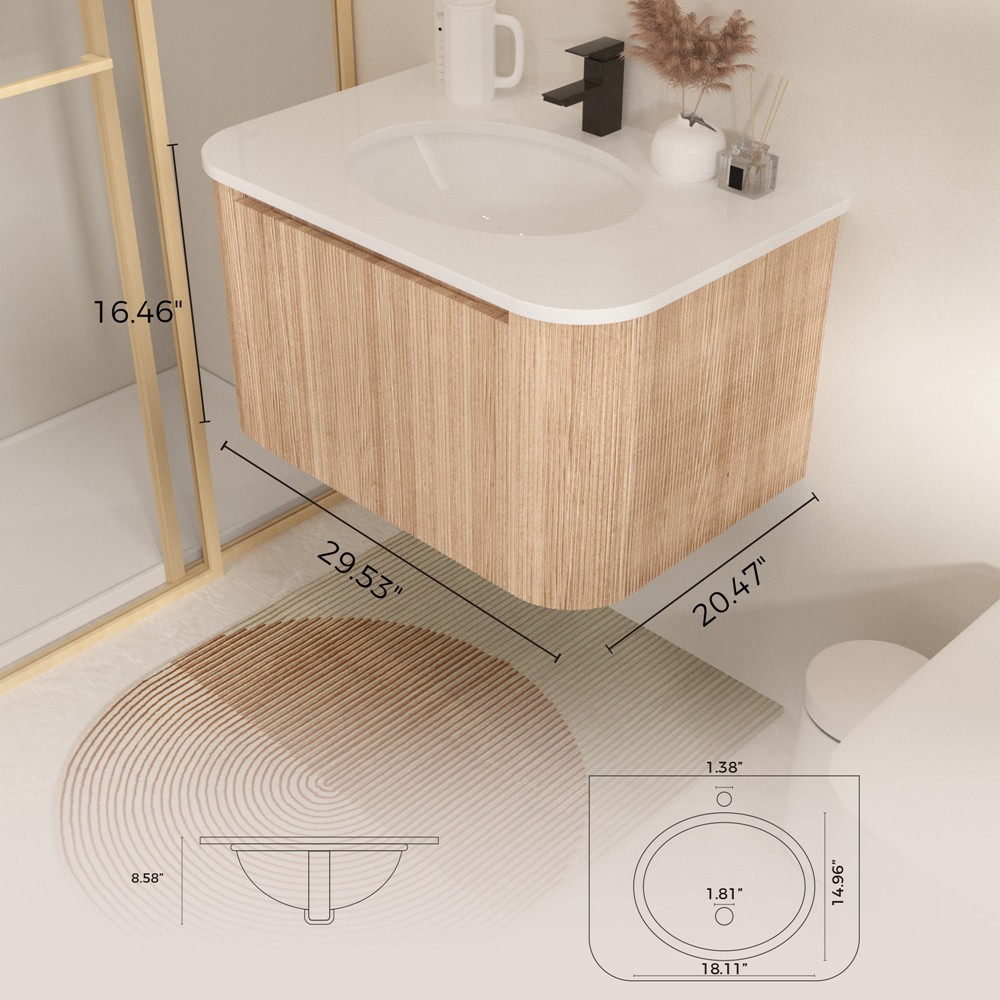 24″ 30″ Floating Vanity Cabinet with Sink, Wall Mounted Bathroom Vanity, Drawer