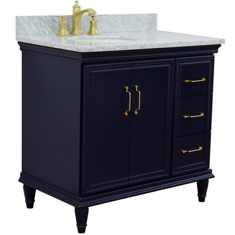 37 in. Single Wooden Vanity Blue White Carrara Oval Left Door.Left Sink