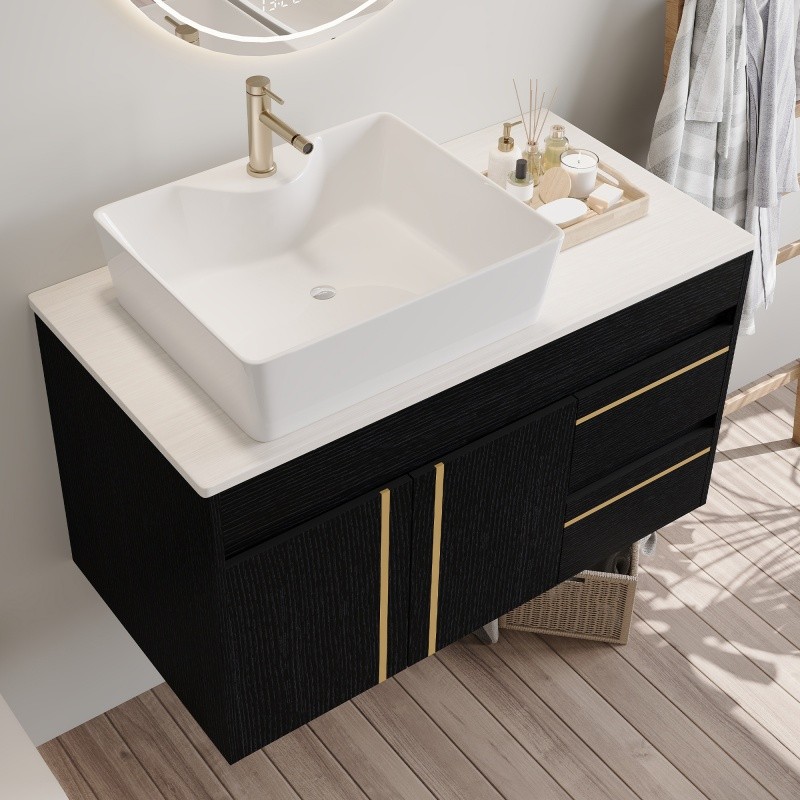 36″ Wall-Mounted Bathroom Vanity w/Vessel Ceramic Sink,Soft-Close Door & Drawers