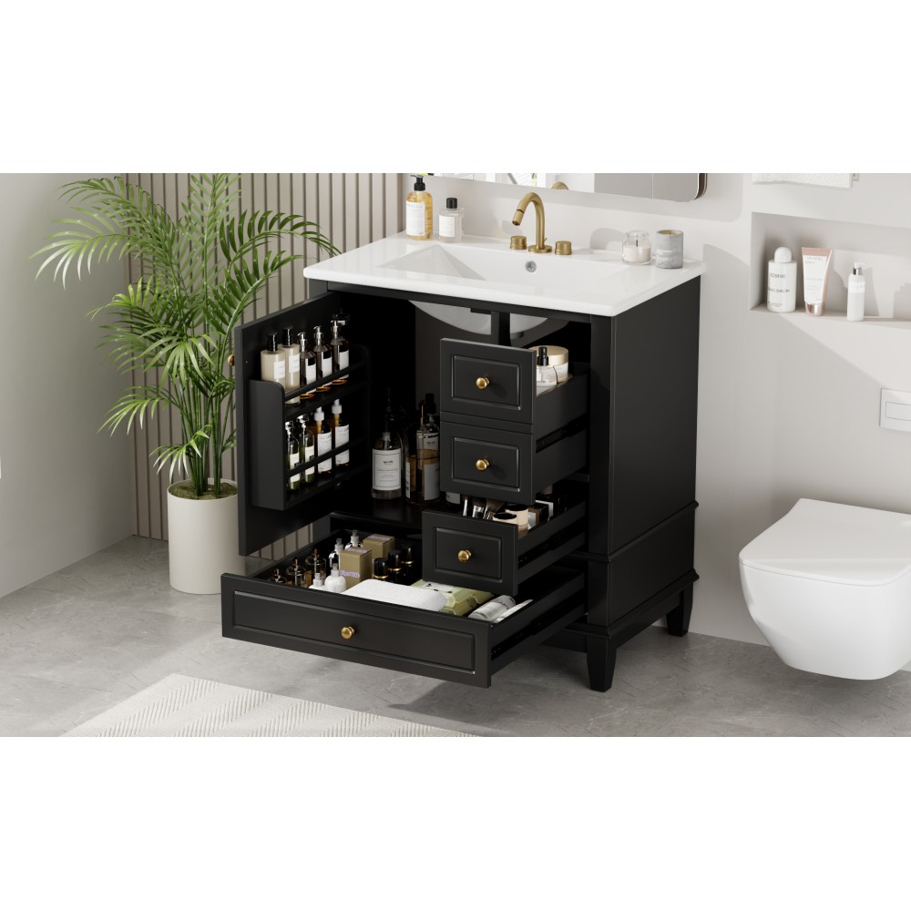 30″ Vanity w/Sink,Rubber Wood & MDF Cabinet,Soft Close Door,3 Drawers,Vietnam