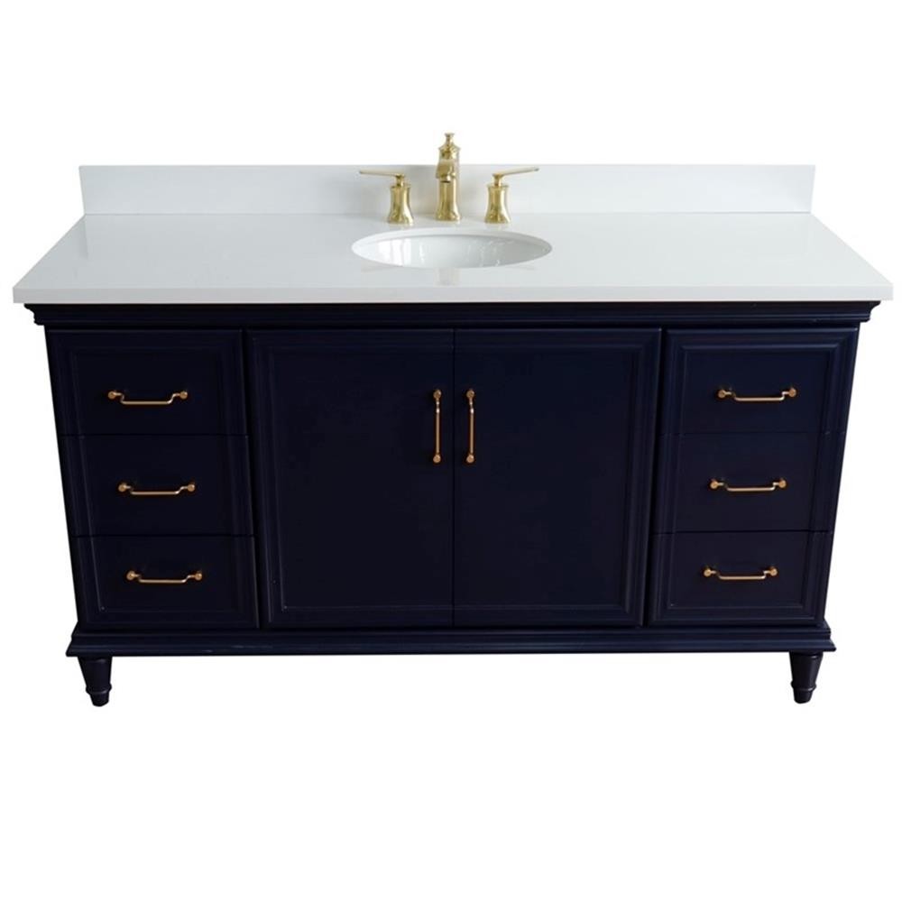 61 in. Single Wooden Vanity Blue White Quartz Oval Sink