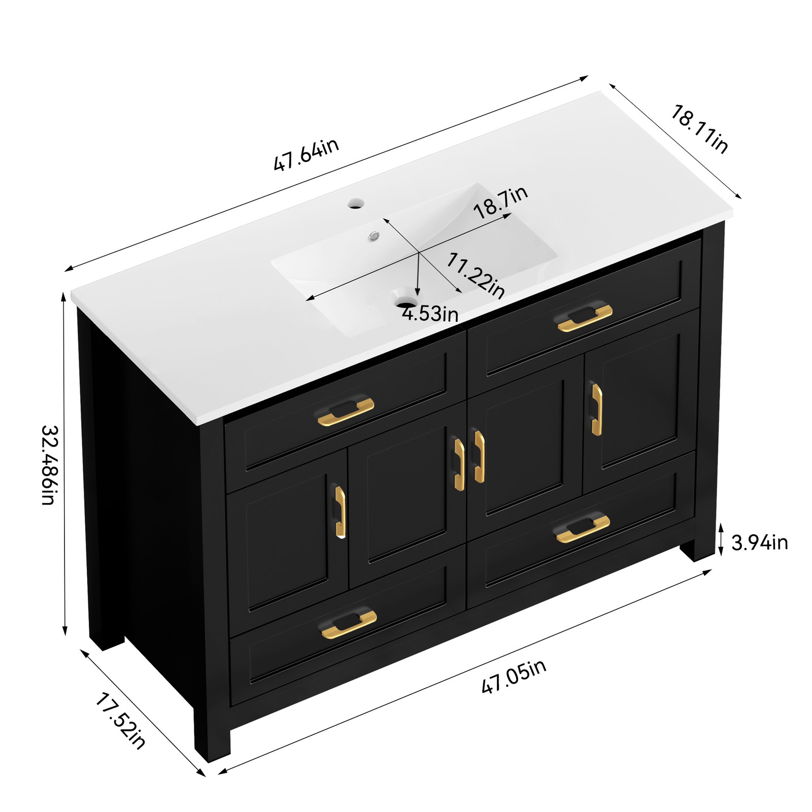 48 Inch Black Bathroom Vanity with Resin Sink Combo, Storage Cabinet