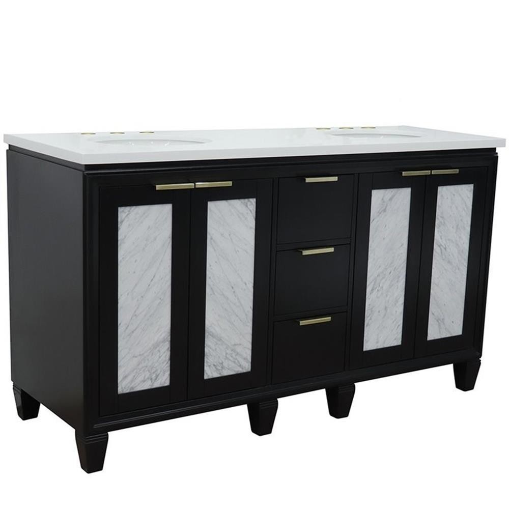 Pemberly Row 61″ Double Oval Sink Solid Wood Vanity in Blue/White Quartz Stone