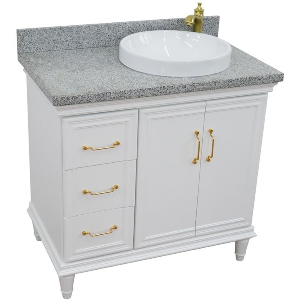 37 in. Single Wooden Vanity White Gray Granite Round Right Door.Right Sink