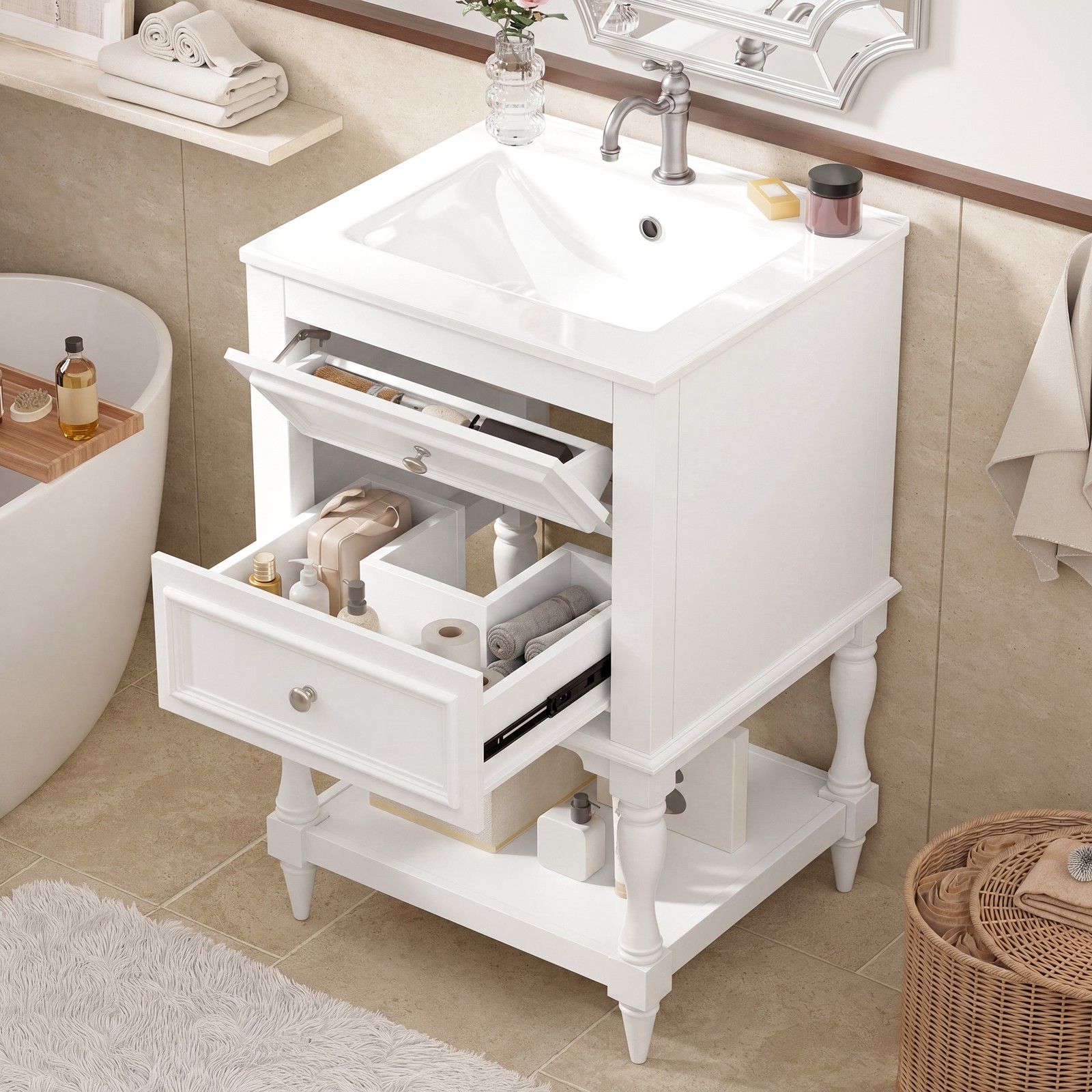 20″ Bathroom Vanity with Ceramic Sink, 2 Drawers & Open Shelf, Retro Design