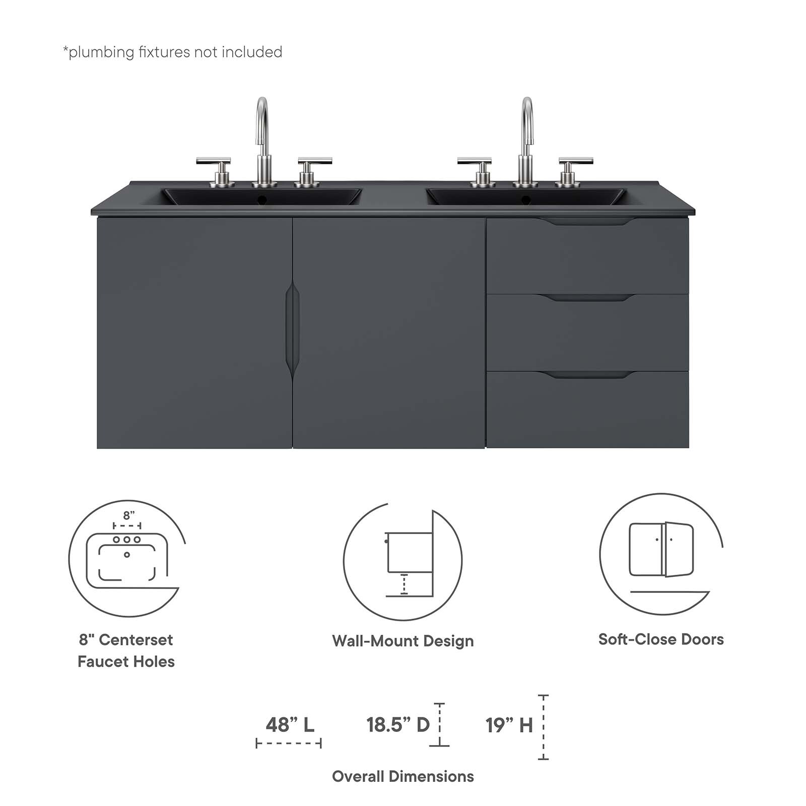 Modway Vitality 48″ Double Sink Bathroom Vanity in Gray Black