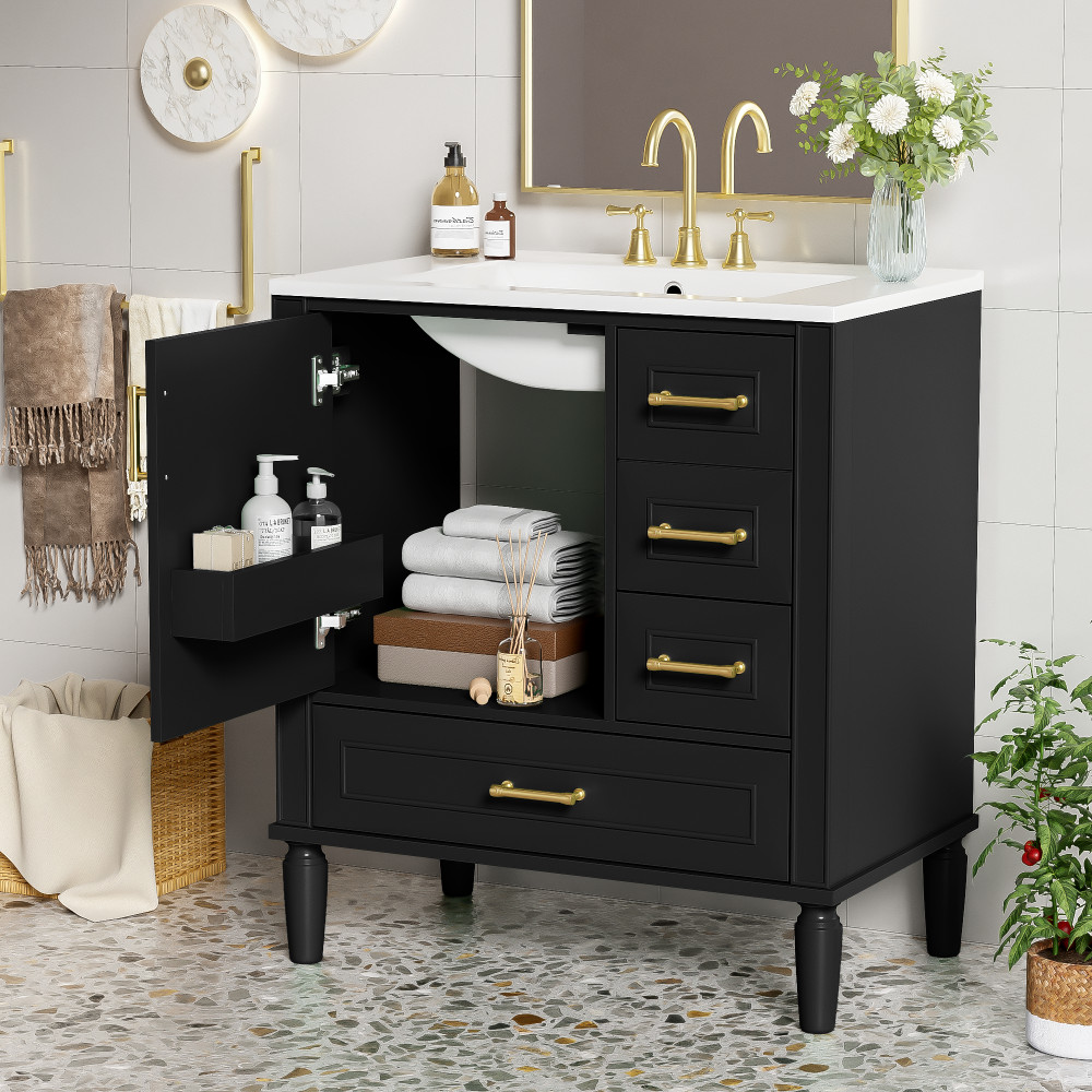 30 in Bathroom Vanity Ceramic Sink Soft Close Door 3 Drawer Gold Handle Storage