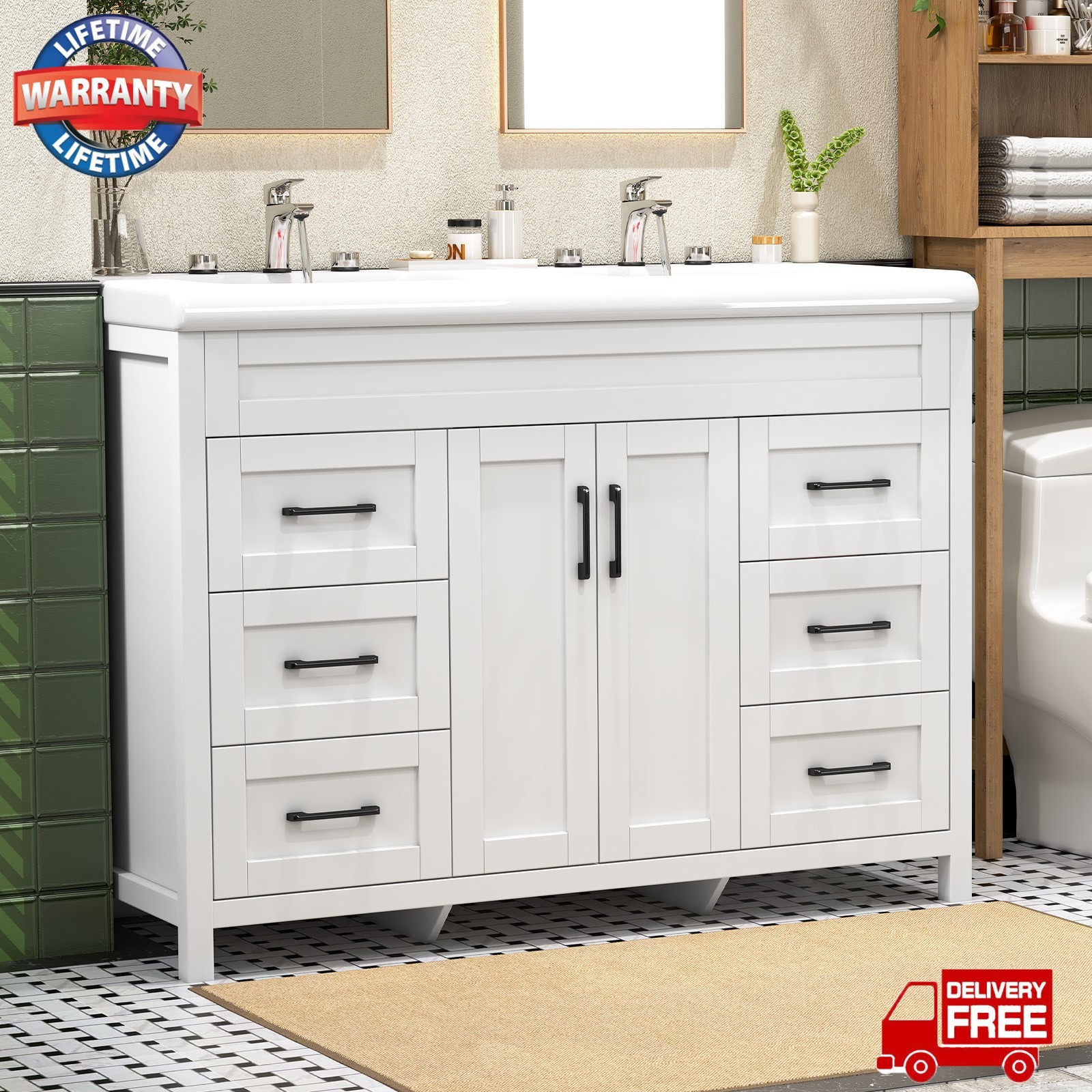 47.3″ Bathroom Vanity Double Sink Ceramic Freestanding Cabinet Storage+4 Drawers