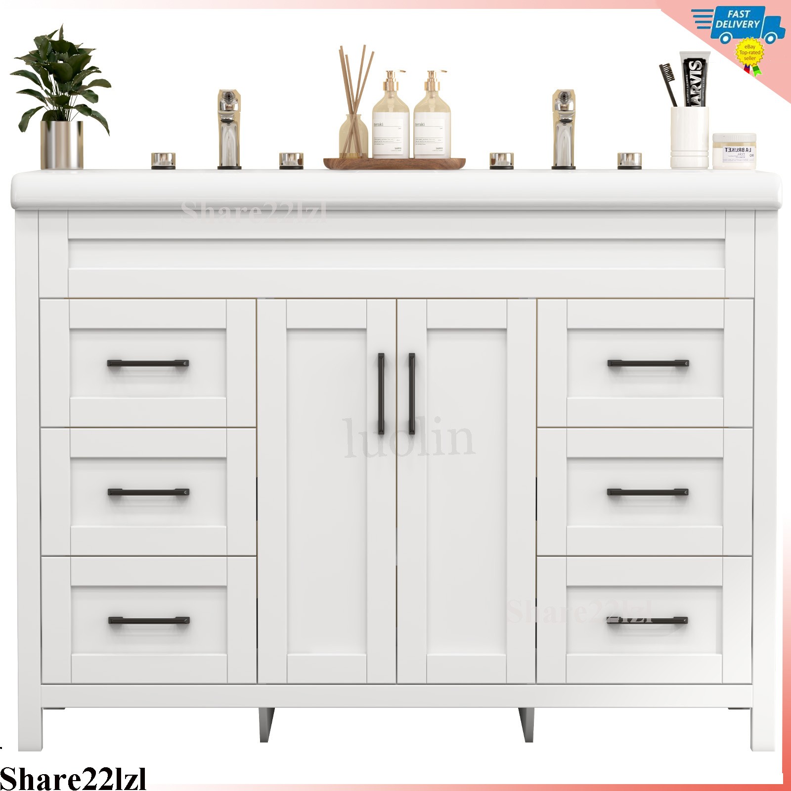 47″ Bathroom Vanity Set with Double Ceramic Sinks Artificial Marble Countertop