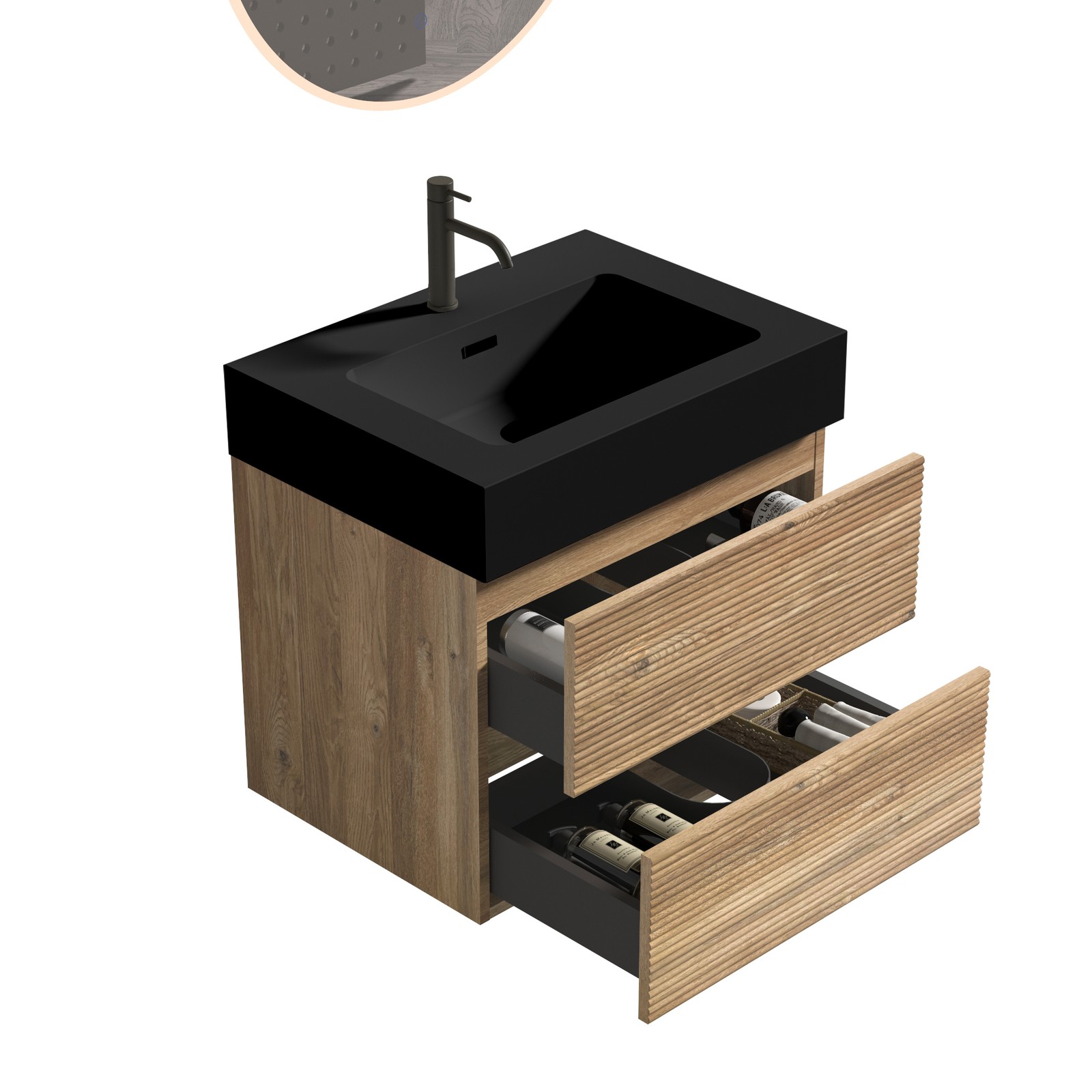 24″ Rough Oak Floating Bathroom Vanity with Black Sink & Drawers
