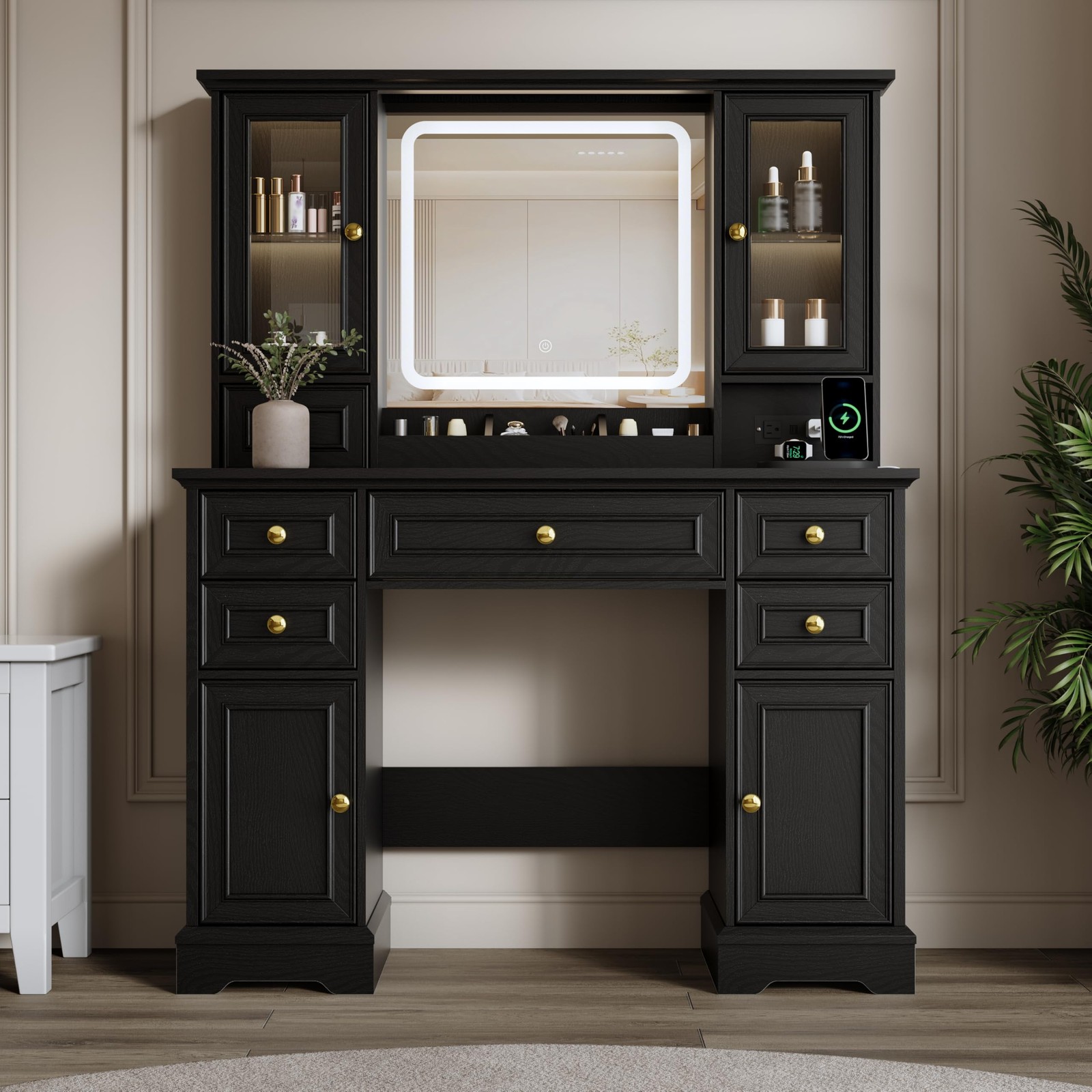 Vanity Desk Mirror Lights Power Outlet USB 6 Drawers 4 Cabinets 3Color Dimmable