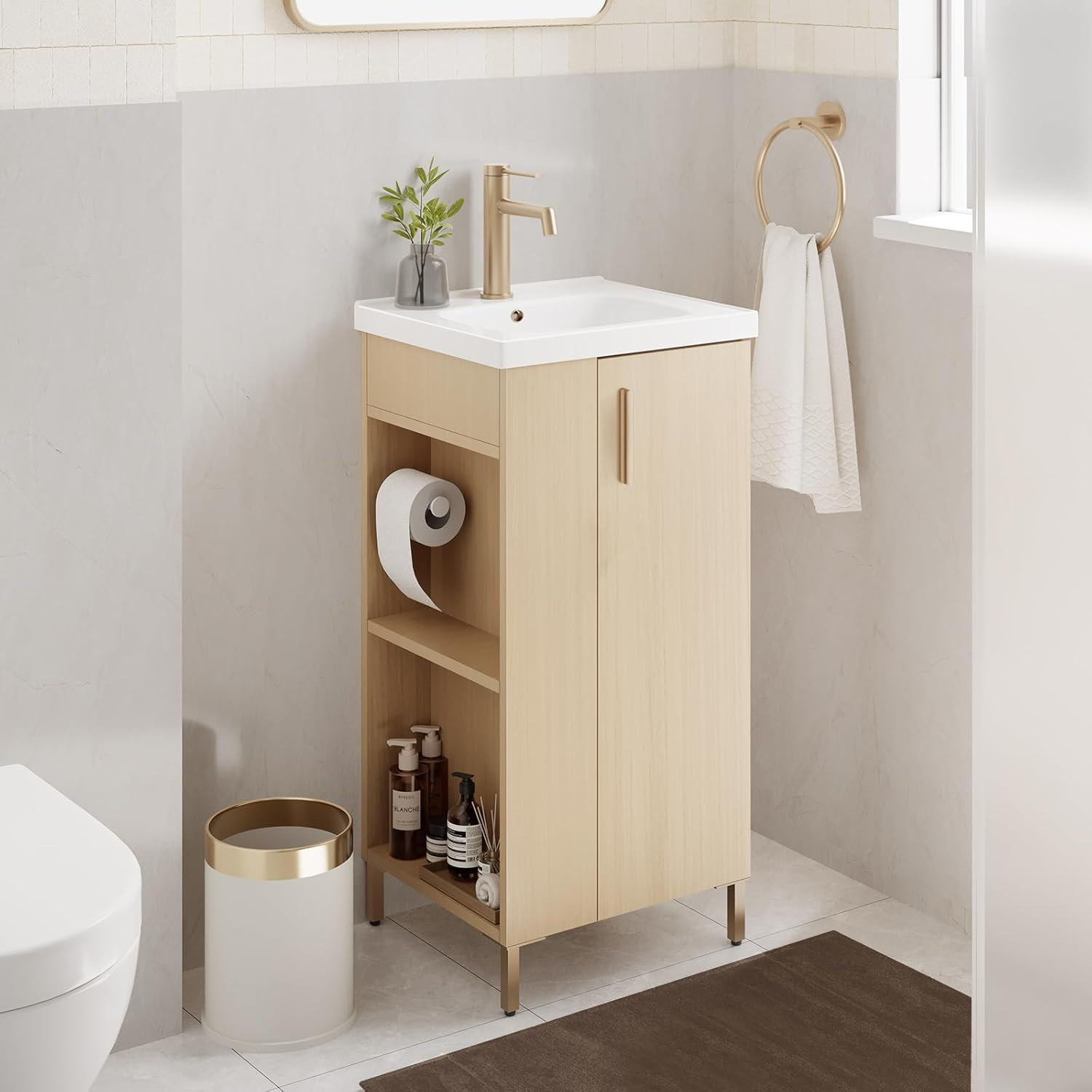 16″ Oak Bathroom Vanity with Ceramic Sink & Soft-Close Door, No Faucet
