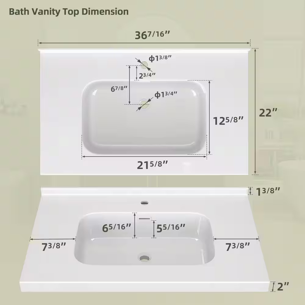 36 In. W X 22 In. D Solid Surface White Rectangular Single Sink Bath Vanity Top