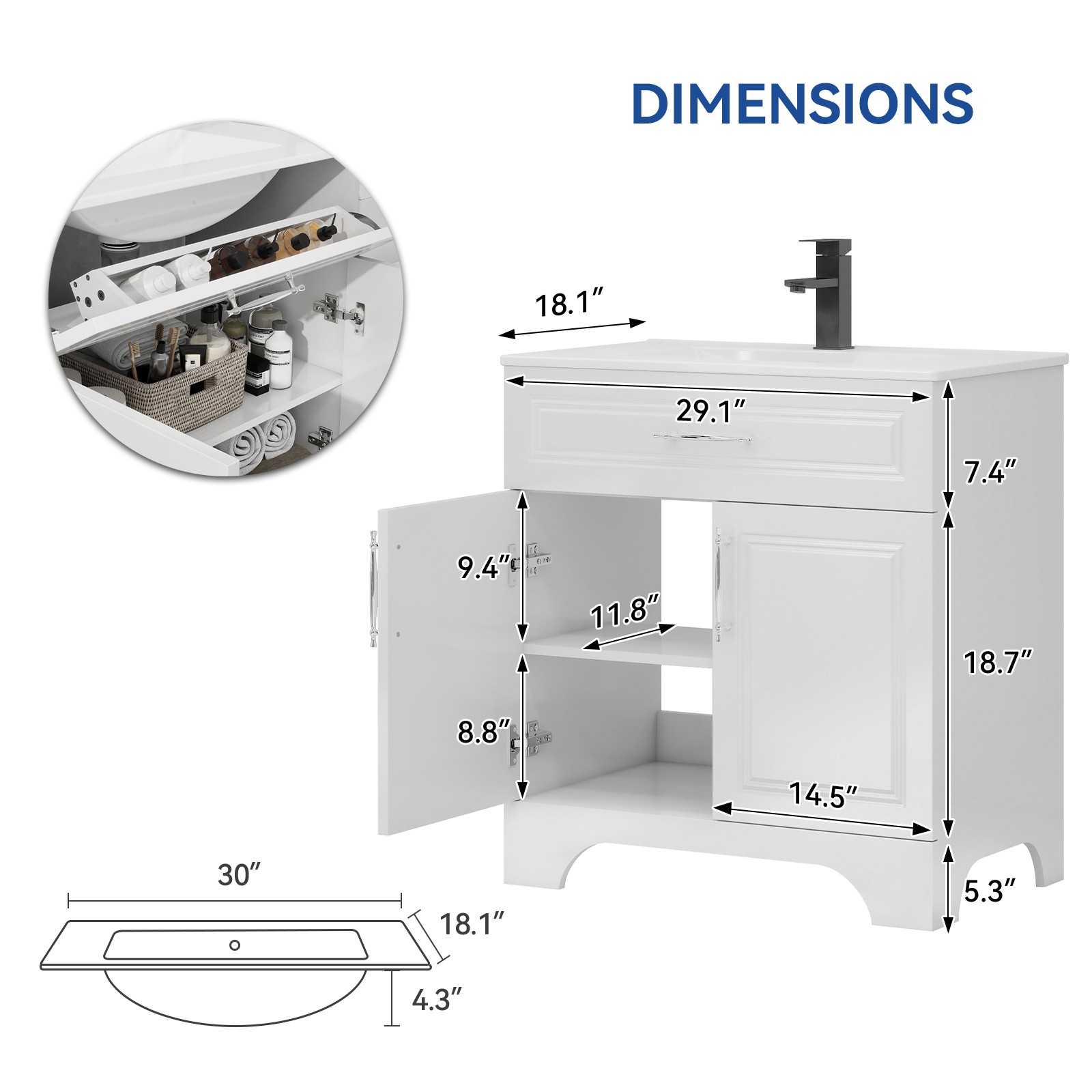 30″ White Bathroom Vanity Set with Sink & Soft-Closing Storage Cabinet Modern