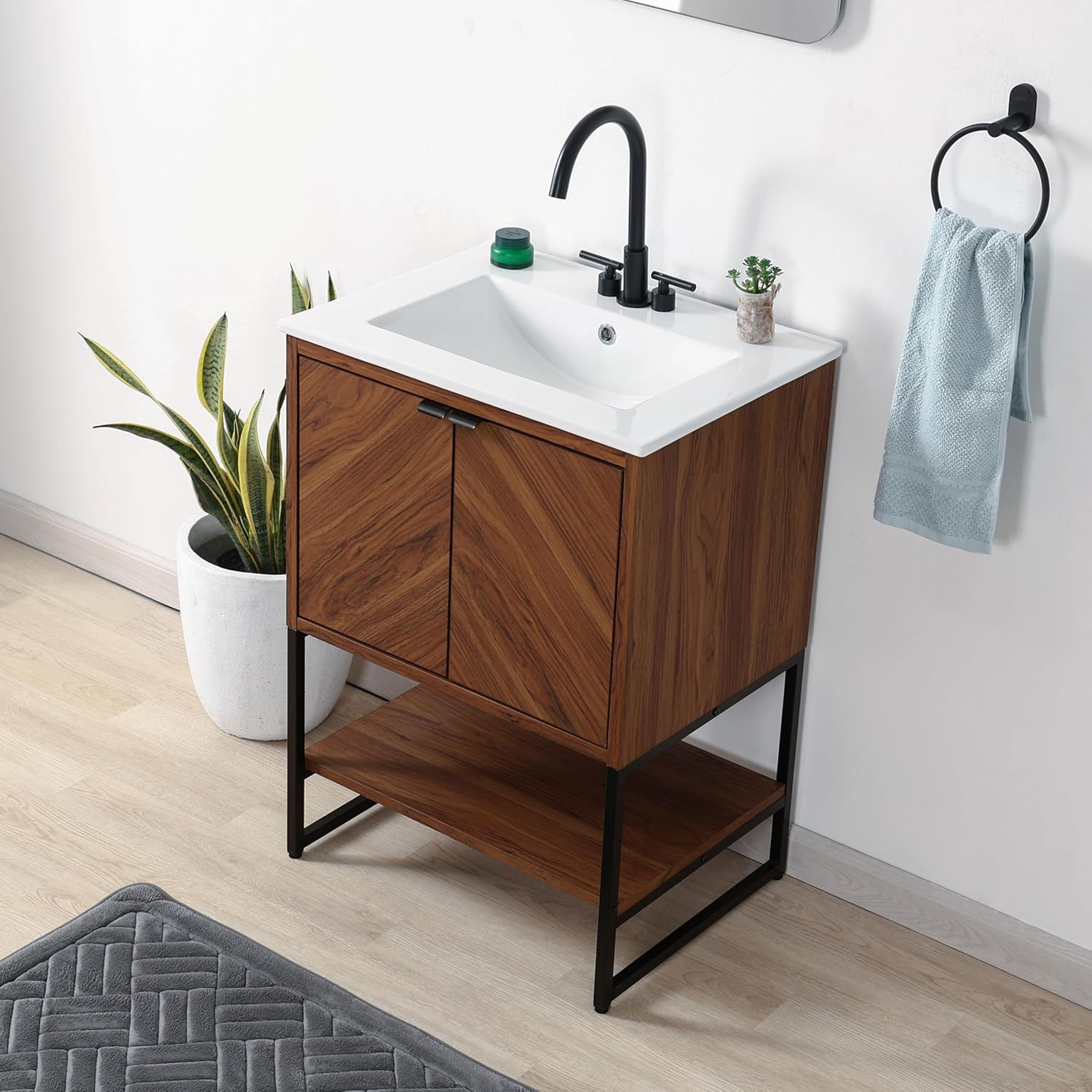 Modern Walnut 2-Shelf Bathroom Vanity Cabinet with Soft Close Doors