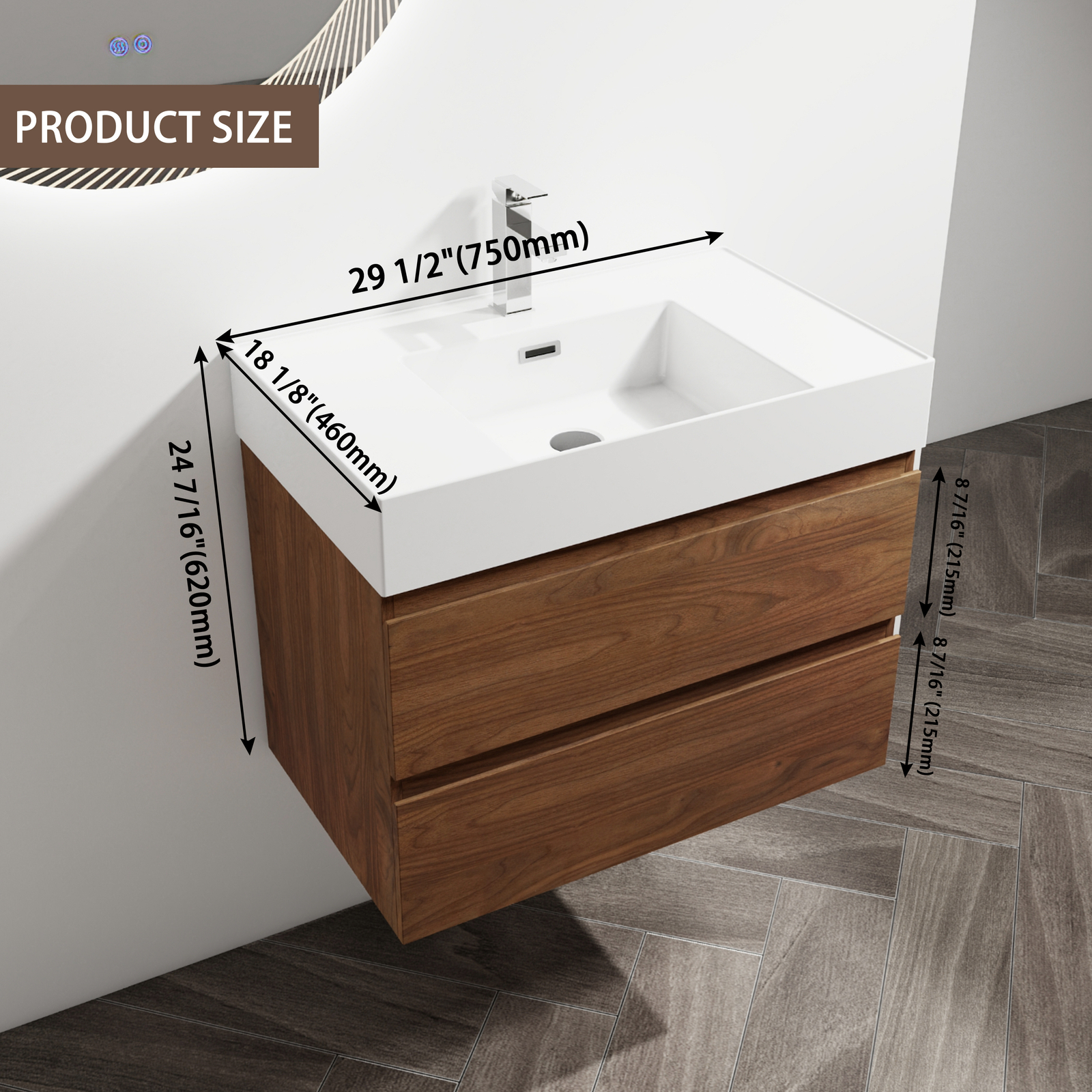 30″ Wall-Mounted Bathroom Vanity Cabinet W/Resin Sink 2-Soft Close Drawers Brown