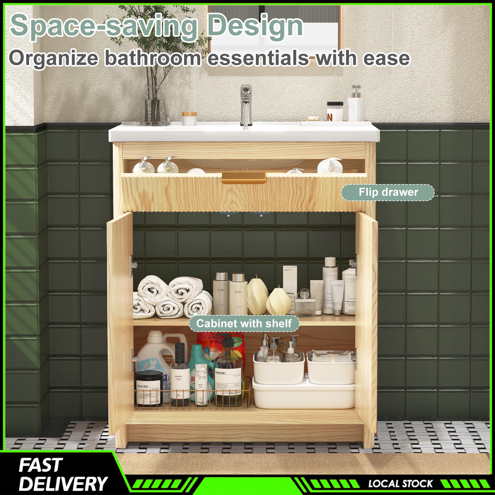 31″ Bathroom Vanity with Vanity Top Ceramic Sink, Storage Cabinet & Flip Drawer