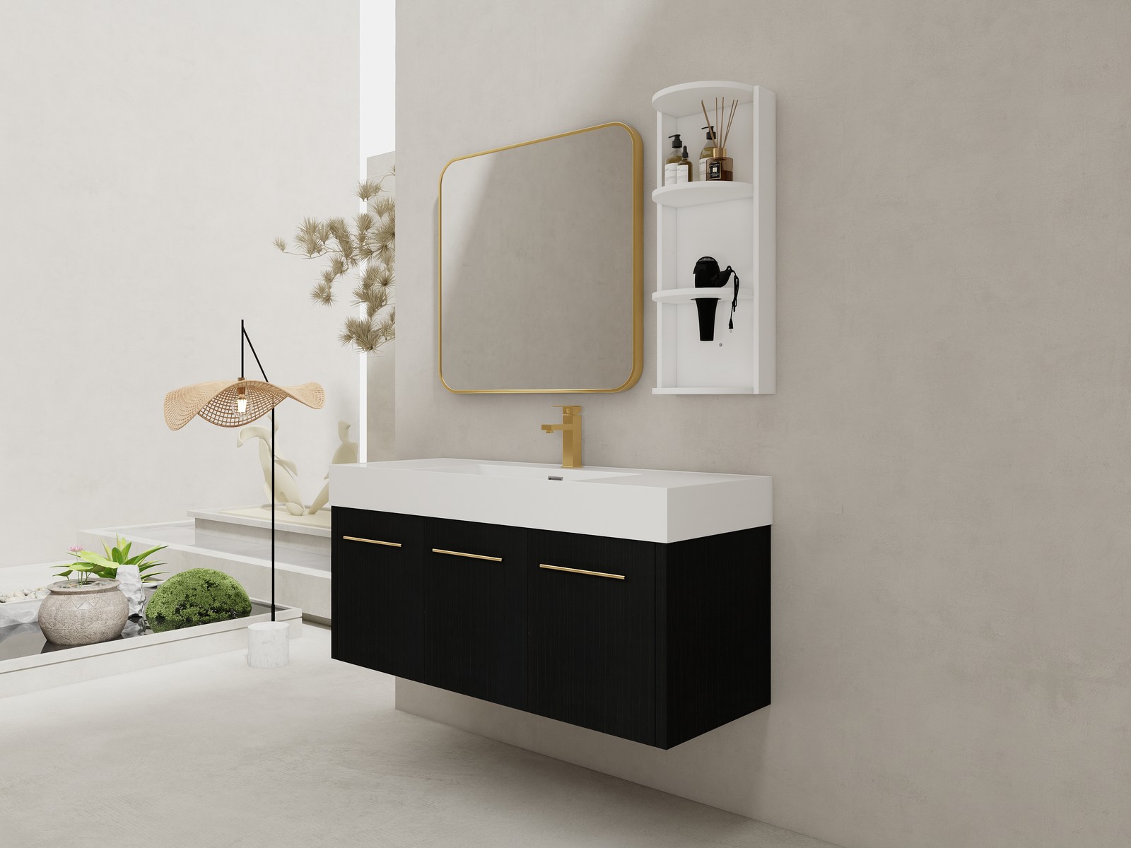 48 Inch Plywood Wall-Mounted Bathroom Vanity with Resin Sink + Side Storage Rack