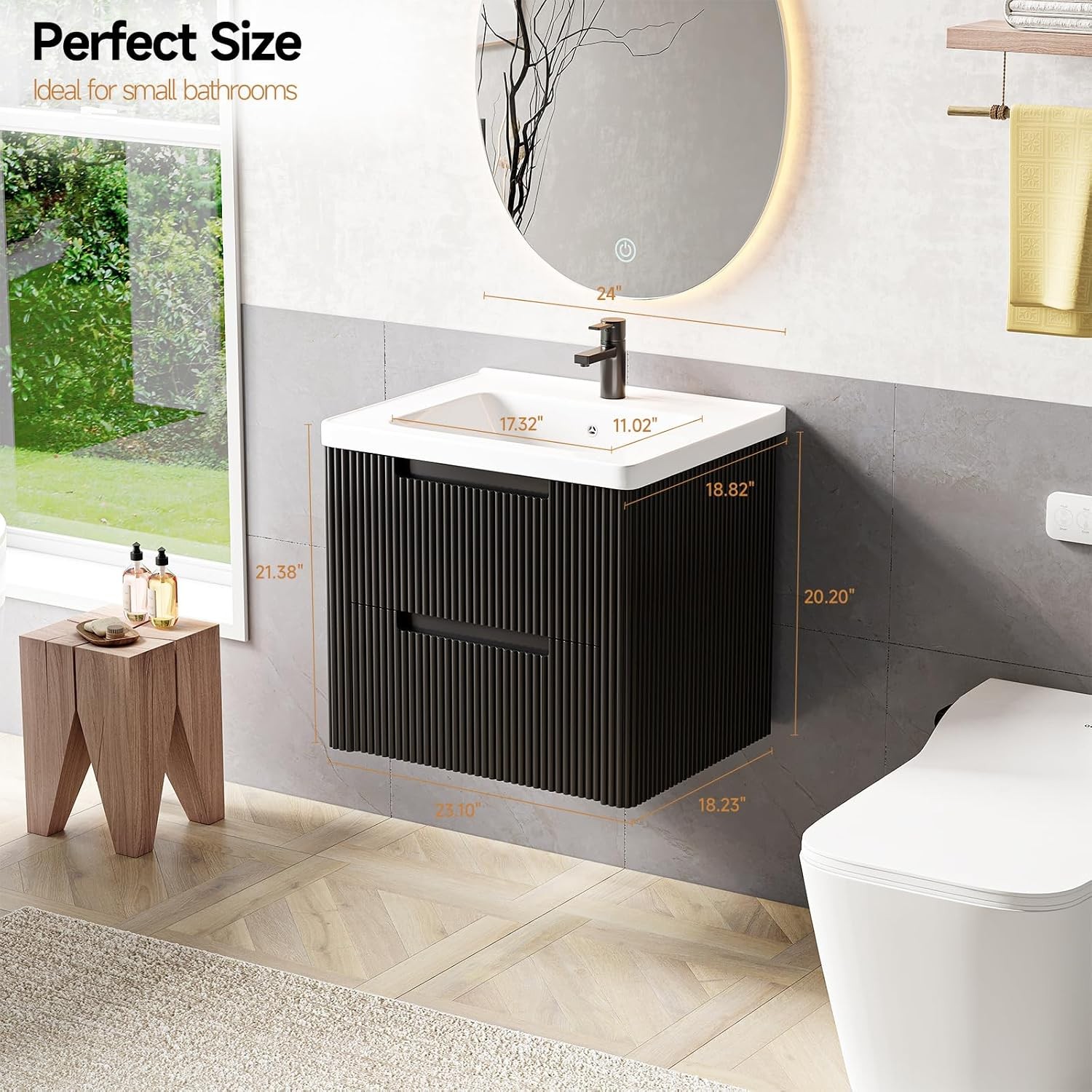 Modern Bathroom Vanity W/ Sink Combo Curved Floating Bath Vanity W/ 2 Drawers