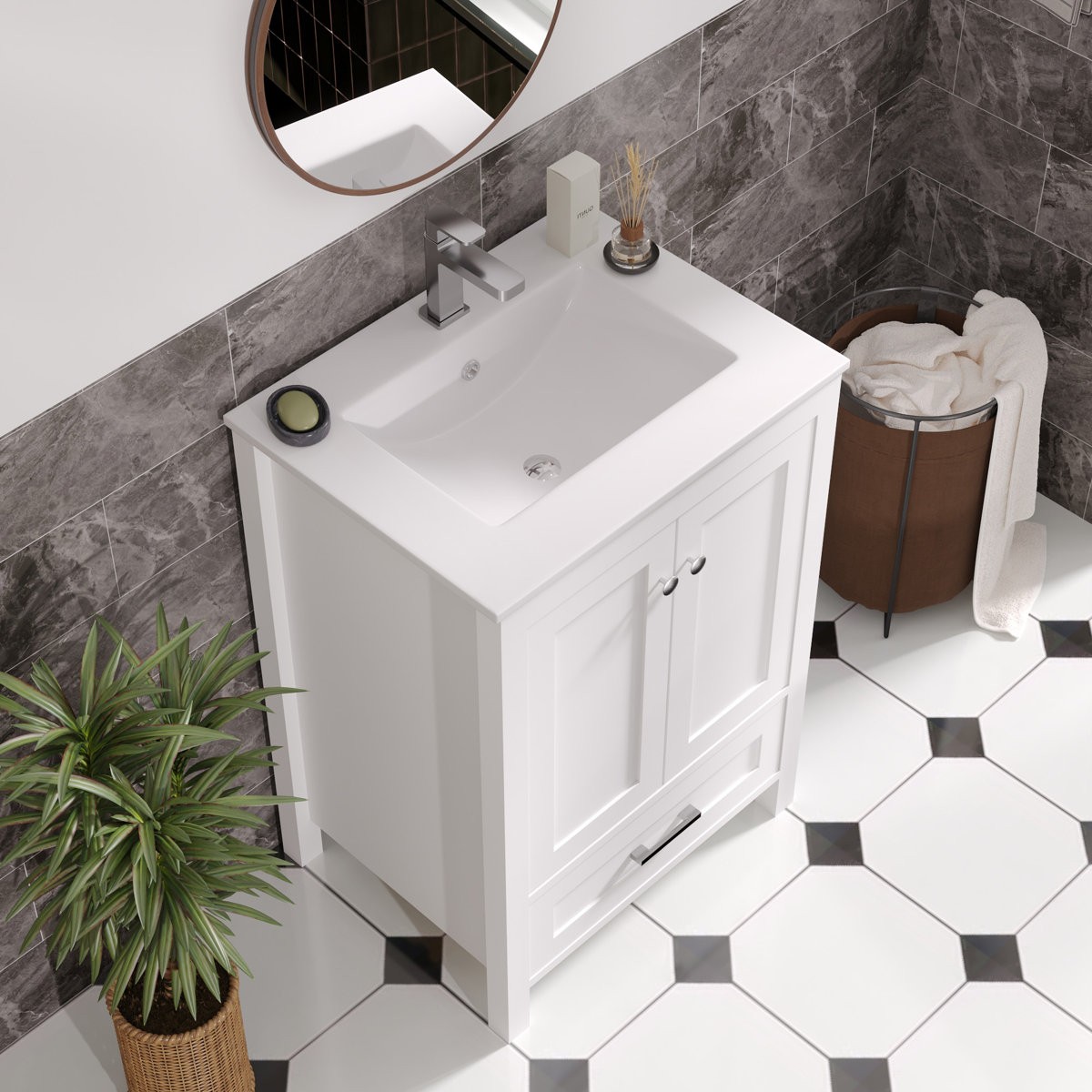 24″ Single Bathroom Vanity with Sink Ceramic Top Modern White Cabinet Drawers