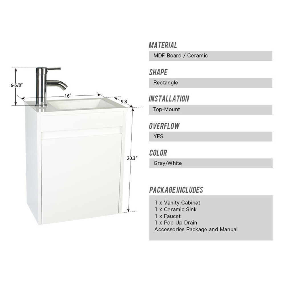 16″Bathroom Vanity Wall Mount Cabinet Resin Sink Faucet Vessel Drain Combo Set