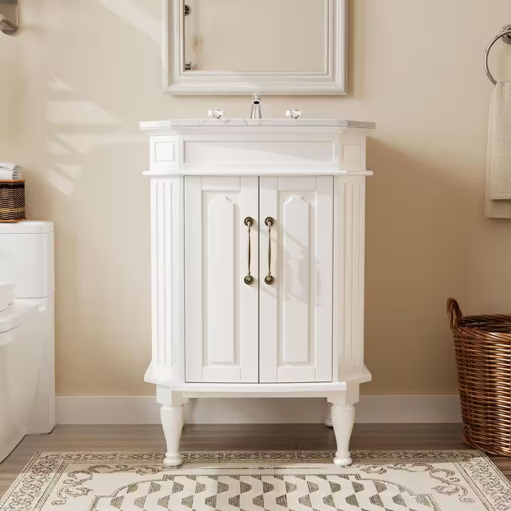24 In. White Wood Single Sink Freestanding Bathroom Vanity with White Marble Top