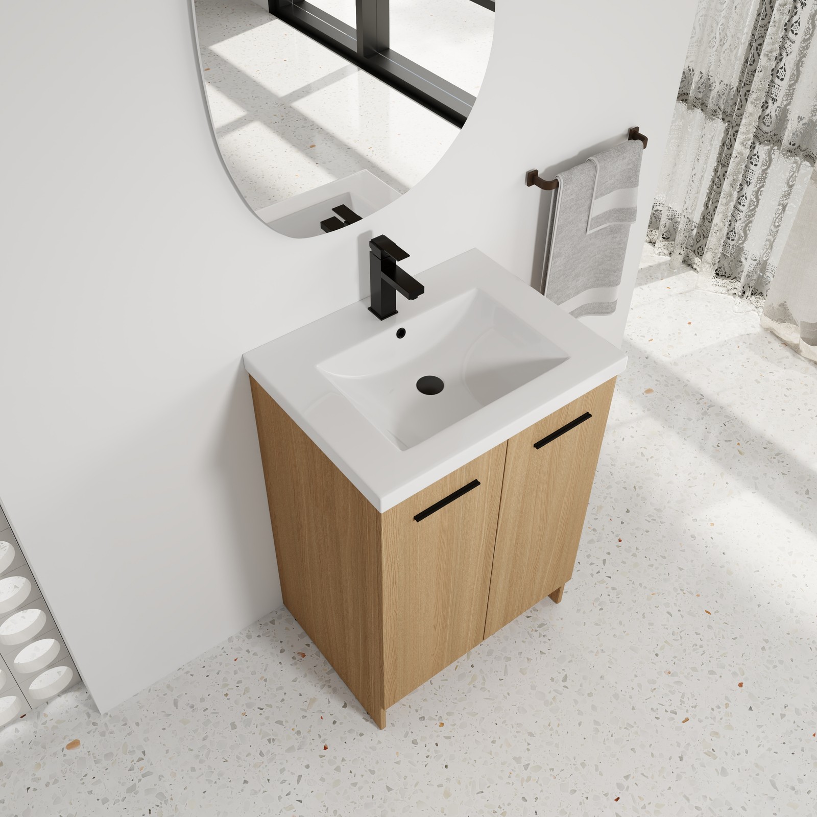 24″ Freestanding Bathroom Vanity with Resin Sink, Light Oak
