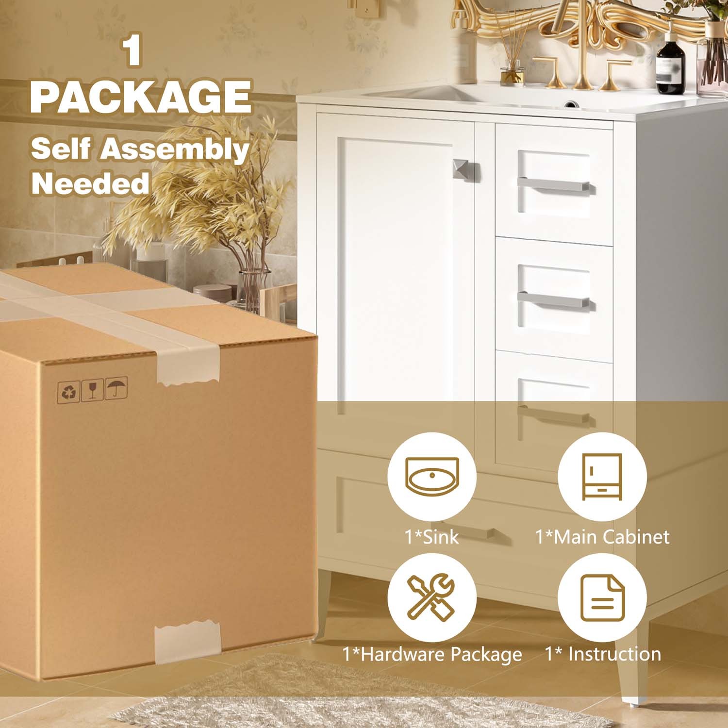 24.8″ Bathroom Vanity Freestanding White Green Hardwood Soft-Close 3 Drawer Sink